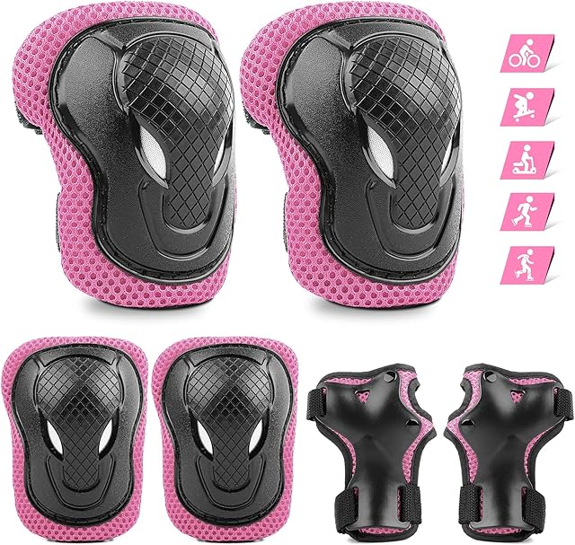 ValueTalks Skateboard Pads Set Knee Pads Elbow Pads Wrist Pads 6pcs Adjustable Skate Pads Protective Gear Kit for Cycling Skating