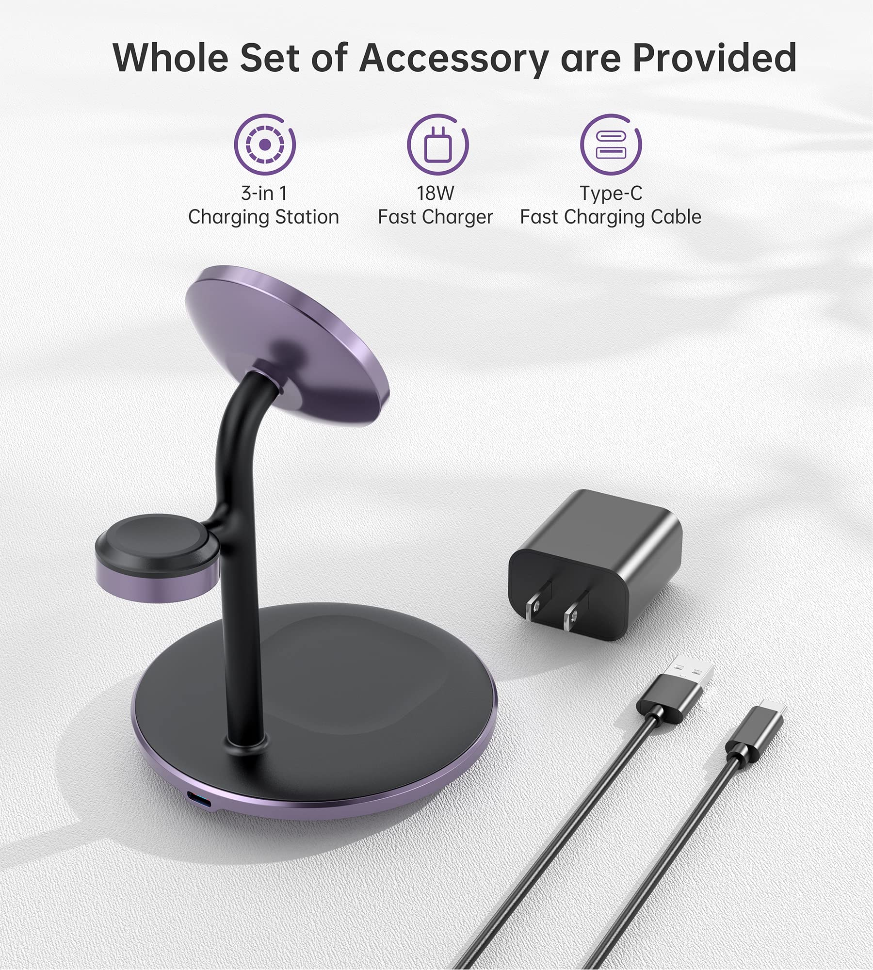 XooFly Stazione di ricarica wireless 3 in 1 per dispositivi Apple, supporto caricabatterie wireless veloce Mag-Safe con adattatore da 20 W per iPhone 17/16 15 14 13 12 Pro Max/Pro/Plus/Air/Mini