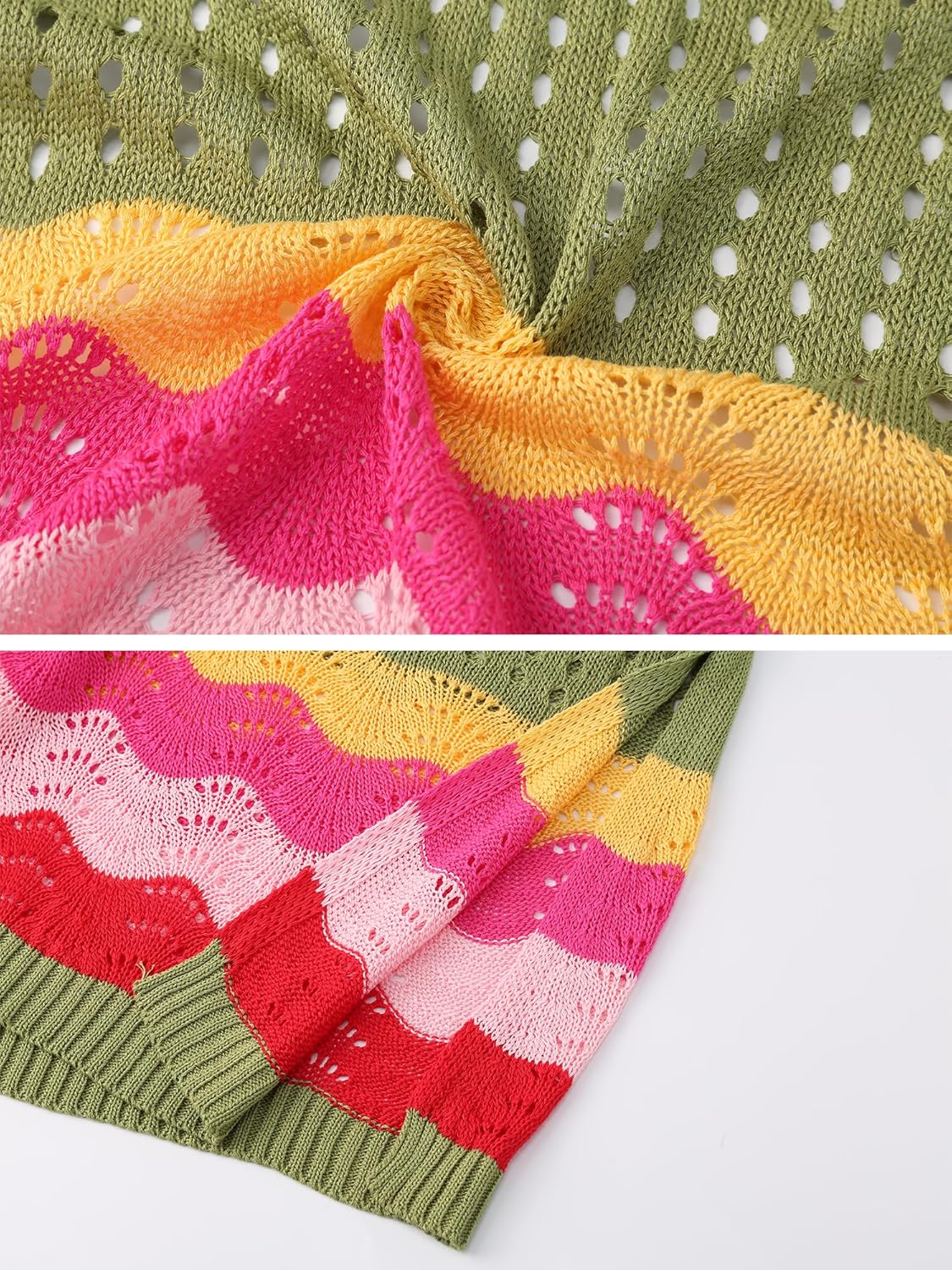 Women's Swimsuit Crochet Cover Up V Neck Hollow Out Bathing Suit Coverup Color Block Side Split Mini Dress - Image 5