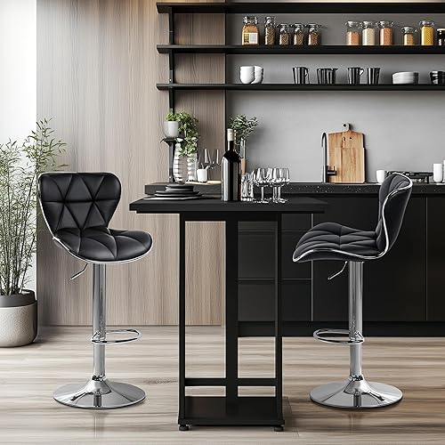 Vista 5 de Yaheetech Juego de 4 taburetes de bar, sillas de isla con respaldo de concha, taburetes de bar ajustables de piel sintética, sillas de bar Negro