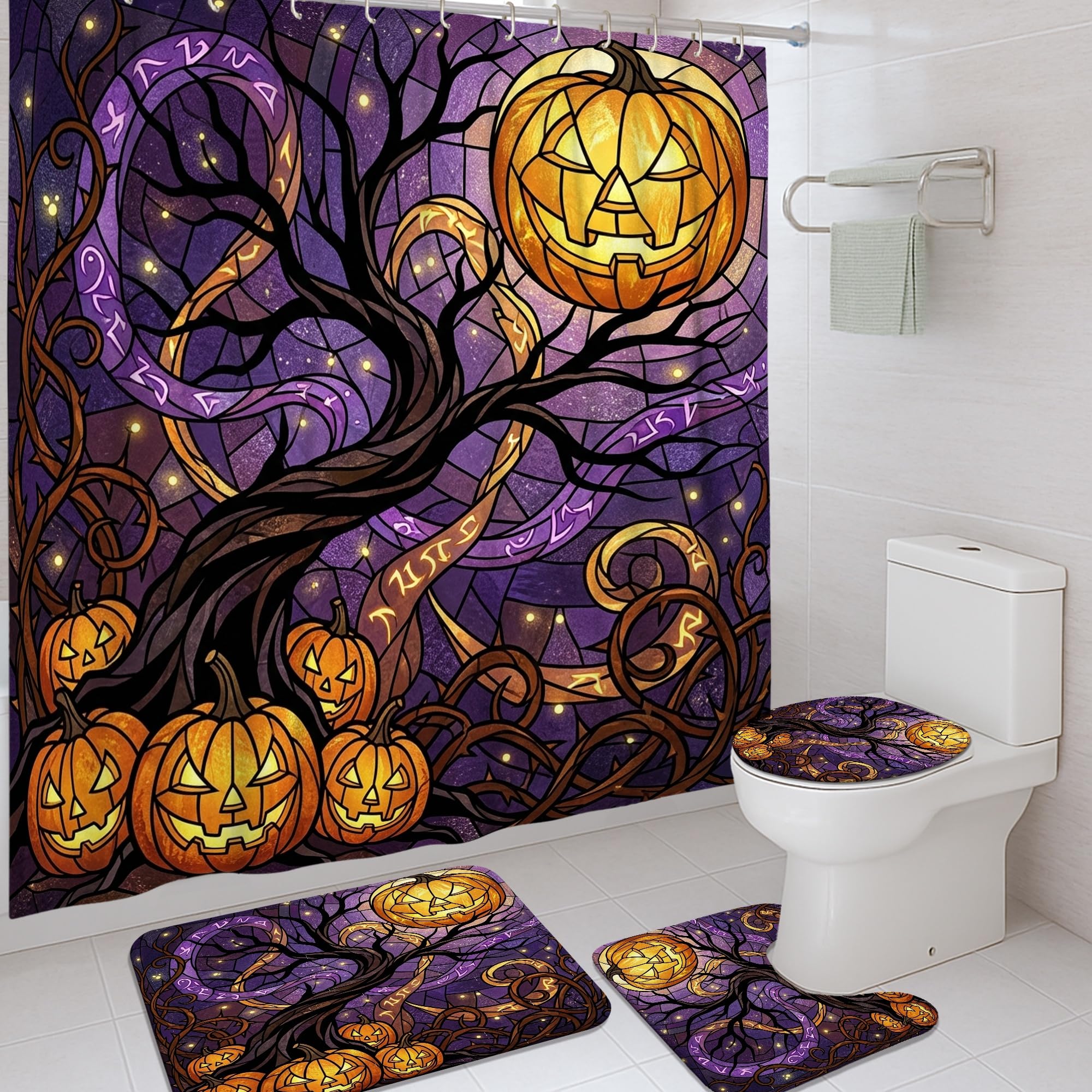 Rideau de douche en toile motif citrouilles de qualité supérieure avec tapis de baignoire