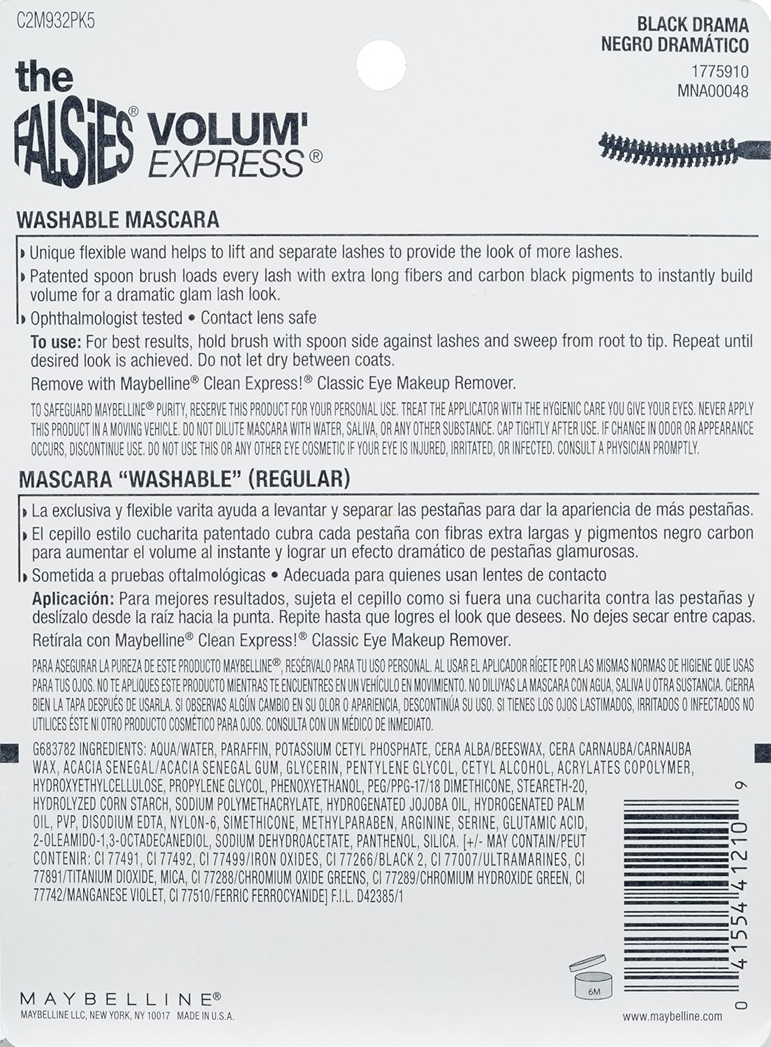 Maybelline New York Volum Express Falsies Washable Mascara, Black Drama, Pack of 2