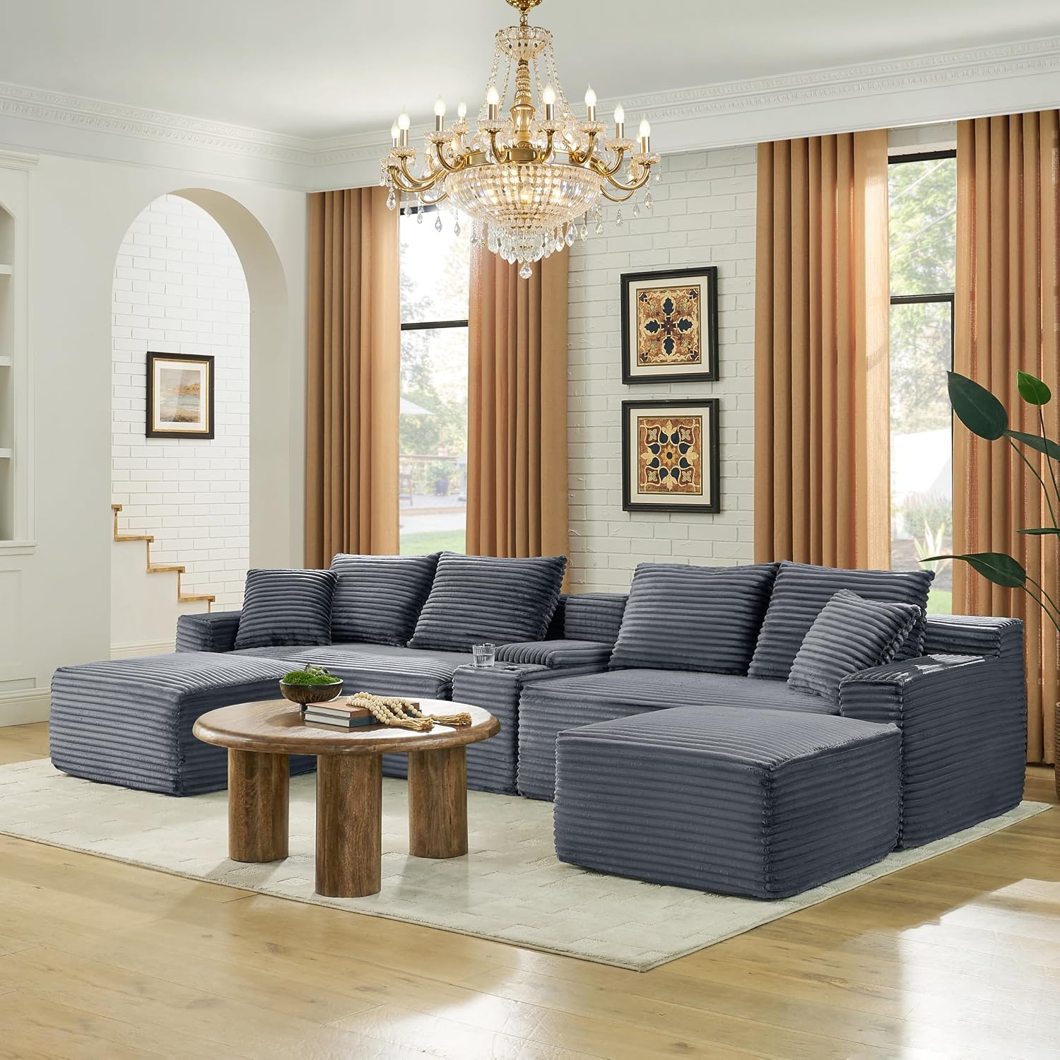 127" Width Sectional Sofa with Storage Console for Living Room, Oversized U Shaped Modular Sectional Couch with Cup Holders and USB Chaise Lounge for Apartment Studio Office