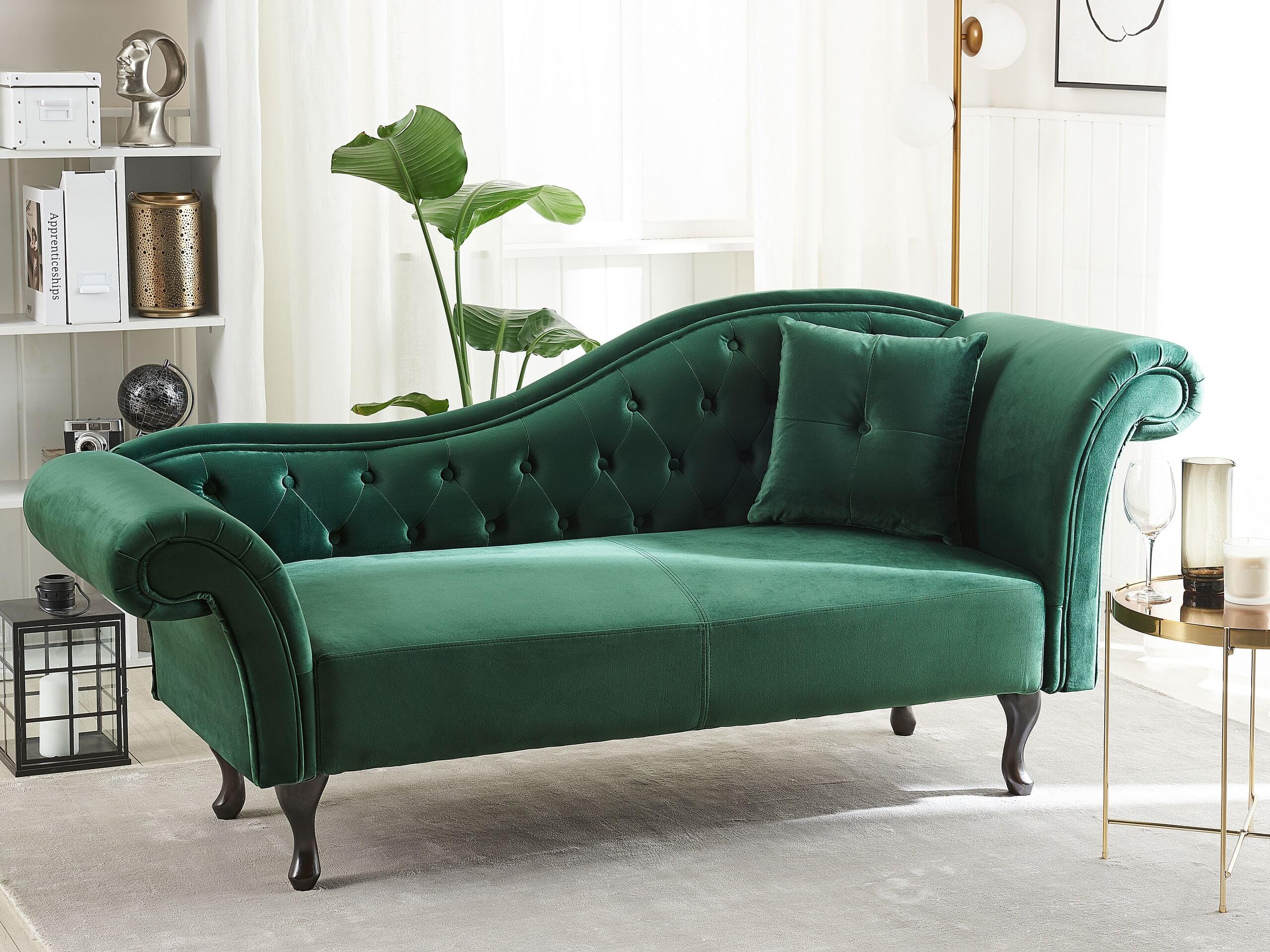 Chaiselongue Samt grün rechts gesteppt mit Kissen Chesterfield-Stil Lattes