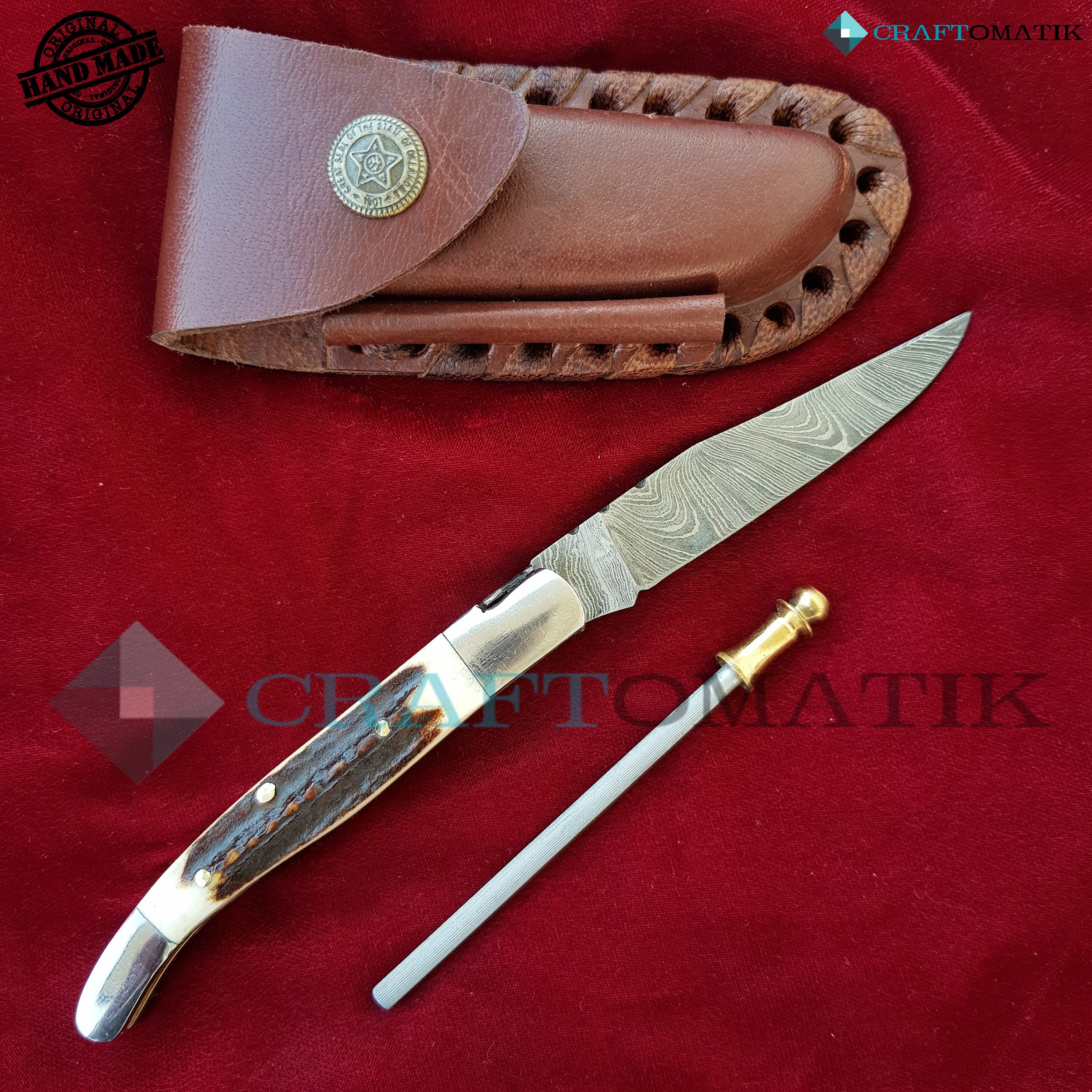 Coltello tascabile in acciaio damascato, coltello pieghevole Laguiole, corno di cervo, acciaio inox, manico in ottone, realizzato a mano, coltello damascato per esterni, FK03