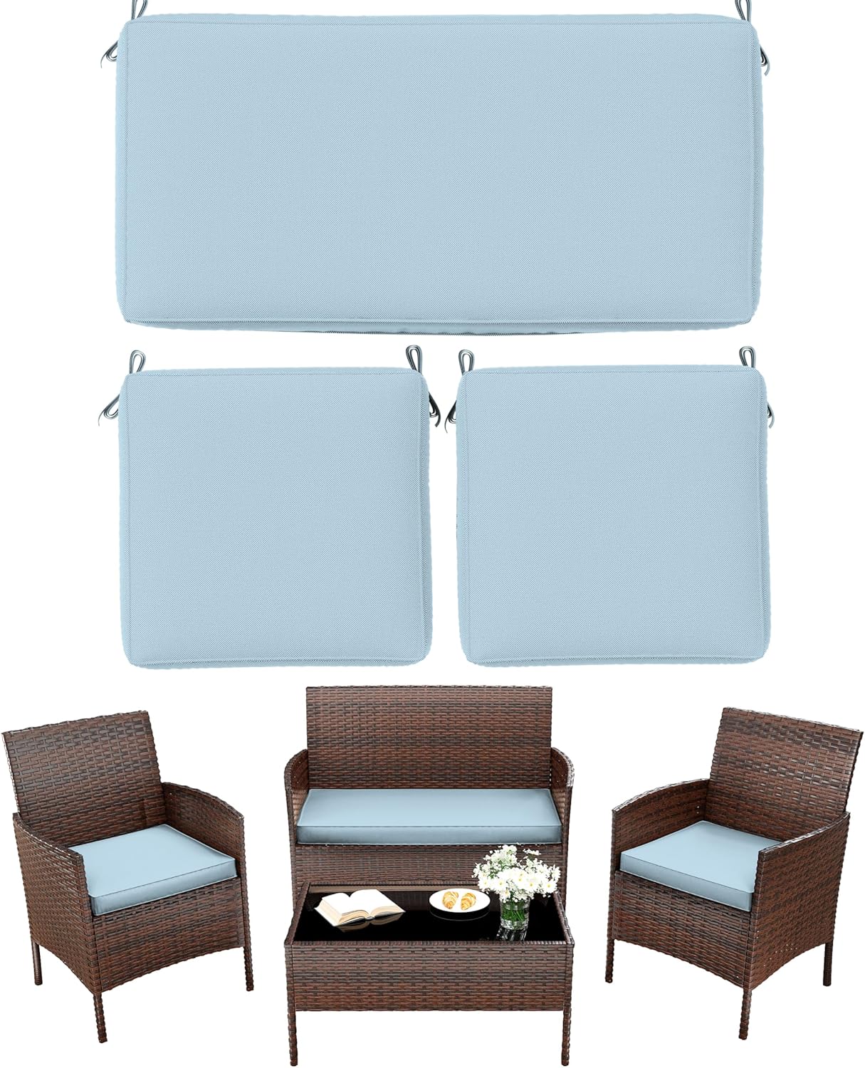 3 Pack Outdoor Replacement Cushions, Fit for 4-Seater Wicker Rattan Patio Conversation Set, 36x18x3,18x18x3, Liner & Cover Sky Blue