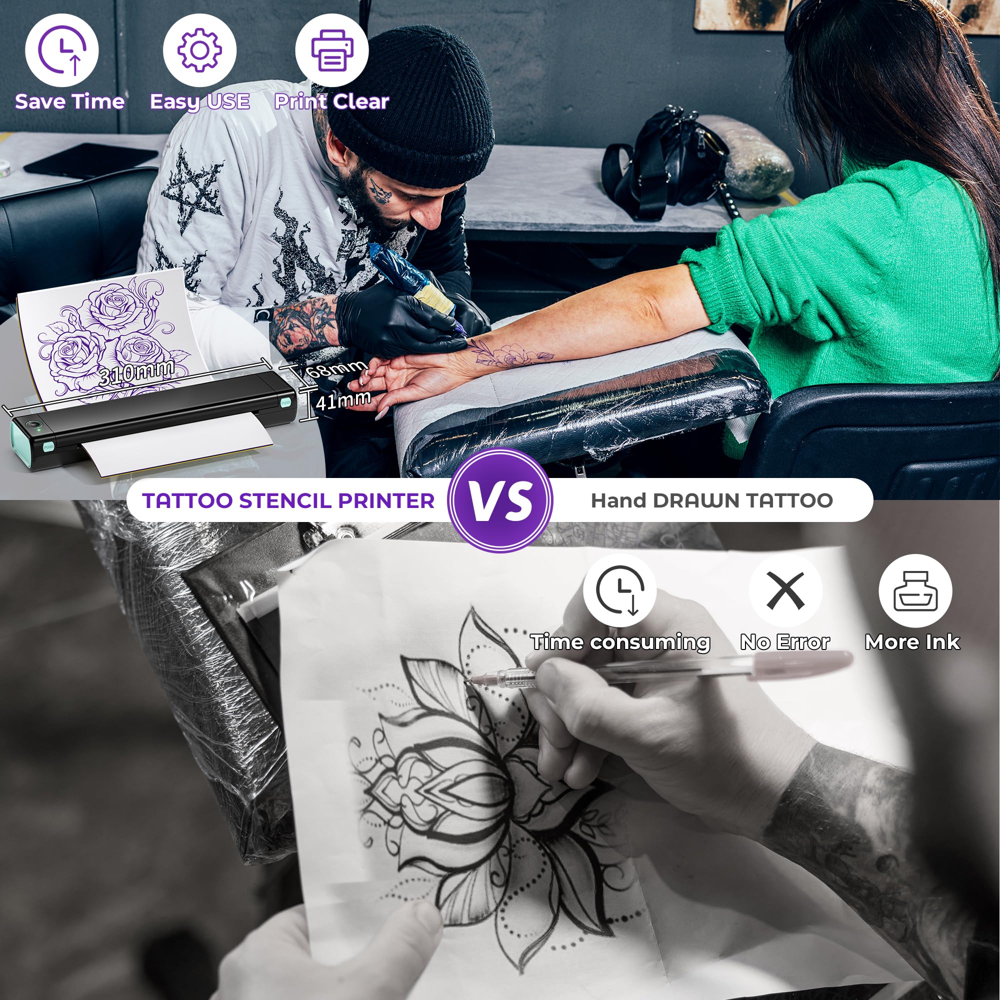 M08F Termocopiadora Tattoo Bluetooth Impresora Tattoo Impresora Tatuajes para Tatuajes DIY, Impresora Portátil Maquina Tatuar, Compatible con Smartphone y PC, con 10 Unidades A4 Papel Tatuaje