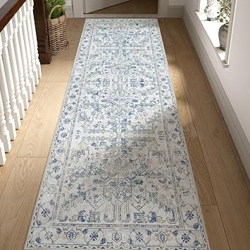 jinchan Lima Kitchen Runner Rug 2x8 - Vintage Floral Machine Washable Non-Slip Hallway Runner Rug with Rubber Backing Ultra-Thin Carpet for Bedroom Laundry Room Farmhouse 2x8ft, Blue