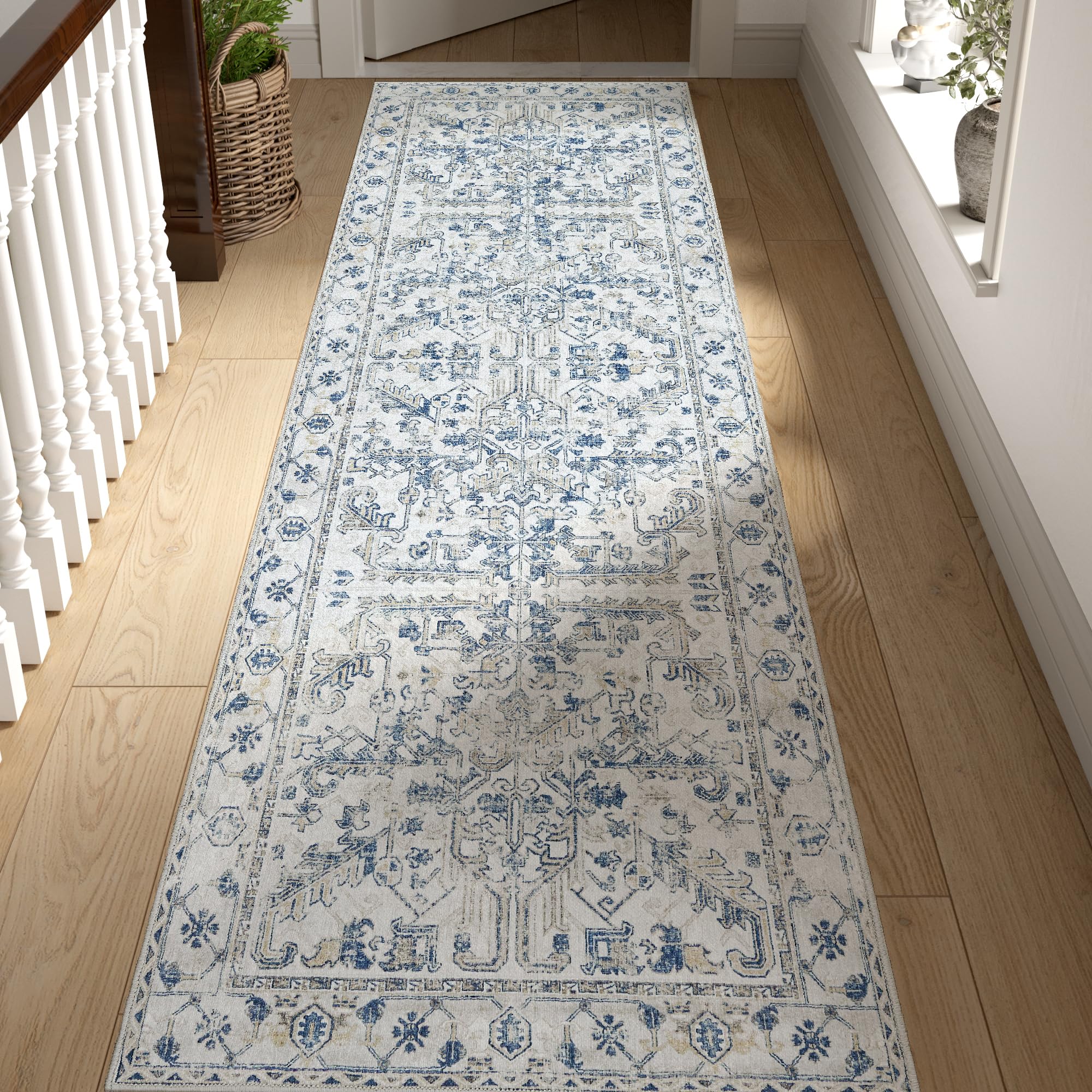 jinchan Lima Hallway Runner Rug 2x10 Washable - Vintage Floral Non Slip Low-Pile Soft Ultra-Thin Faux Wool Kitchen Rug Distressed Carpet Runner for