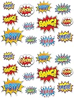 Vista 1 de Beistle Letrero de acción de héroe, 24 piezas, decoración de cómic, suministros para fiesta de cumpleaños, 6 a 12.5 pulgadas, multicolor