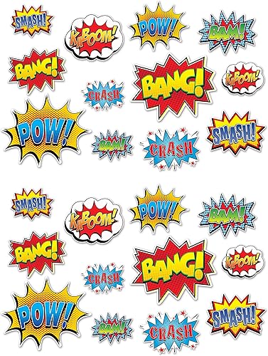 Beistle Letrero de acción de héroe, 24 piezas, decoración de cómic, suministros para fiesta de cumpleaños, 6 a 12.5 pulgadas, multicolor