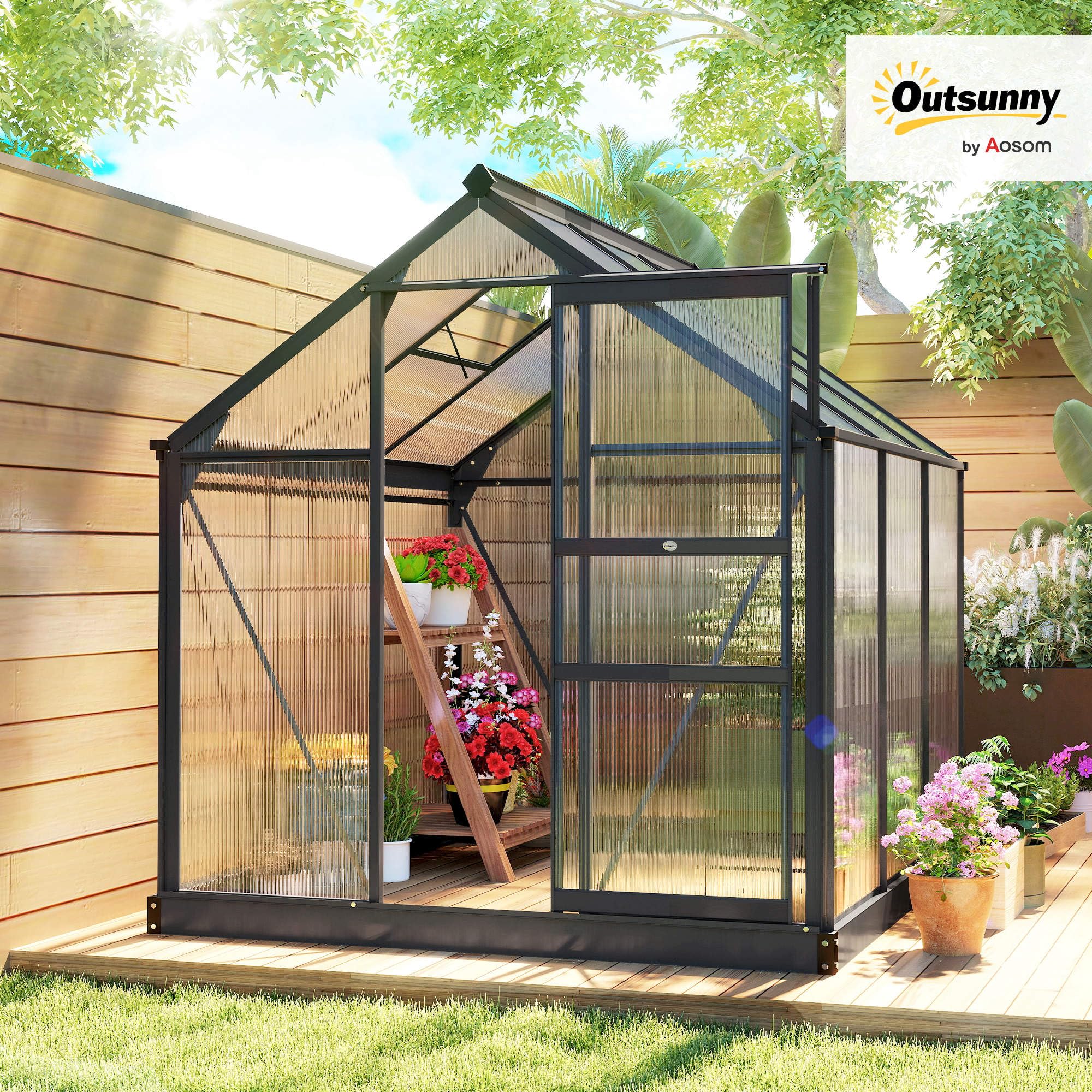 Outsunny Invernadero policarbonato 6x6 ft Puerta corredera Gris | Invernadero, Invernadero para plantas de jardín, Ventana, Marco de aluminio, Cimientos, Grande, Para exterior