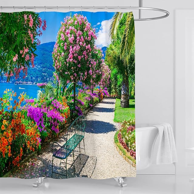OCEUMACO 3D Shower Curtain Garden Scene Shower Curtains Bathroom Wet Room Italy Outdoors Sea View Bath Curtain Mould Proof Resistant Washable 180 x 200 cm Waterproof Polyester Fabric with Hooks