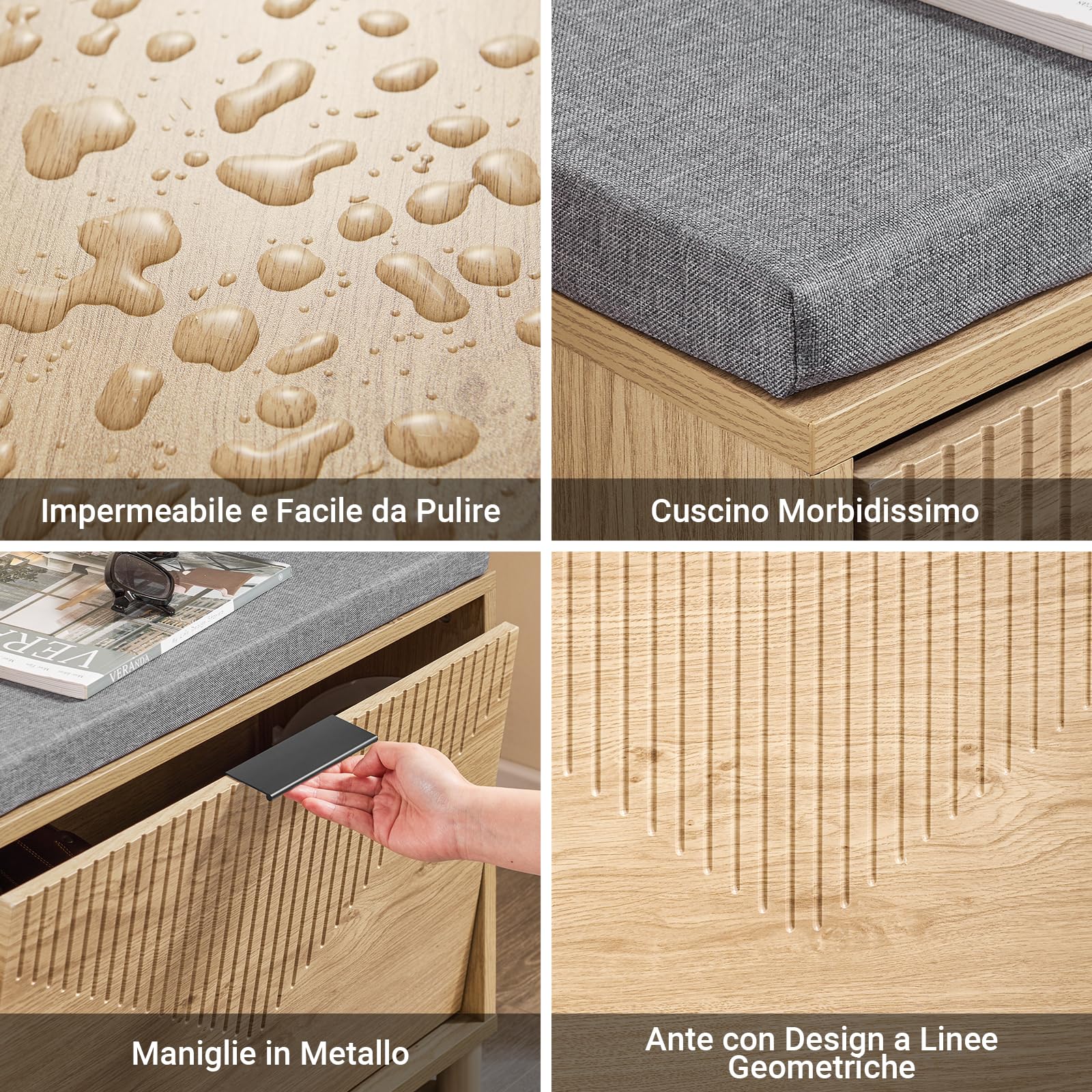 SoBuy Panca Scarpiera con Cuscino e Ribalta 60x24x50cm per Ingresso | Scarpiera contenitore salvaspazio slim, in legno chiaro e grigio, ideale per corridoio FSR199-N