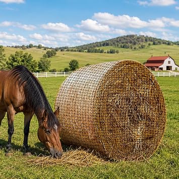 4 * 4ft Round Bale Hay Net 1.75" Knotless Slow Feed Hay Net, Heavy Duty Hay Saver Net Holds 800 lbs, UV Resistant Horse Hay Net for Round Bales, Horses, Cattle, Goats & Sheep