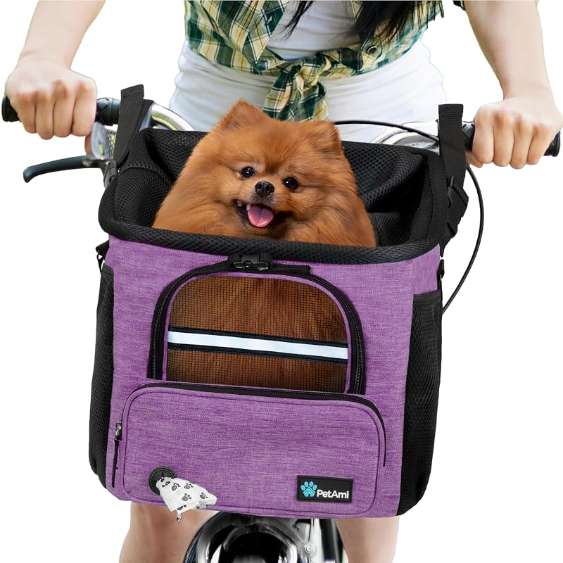 Cesta para bicicleta para cães e gatos PetAmi em poliéster com mochila e bolsos, Roxo
