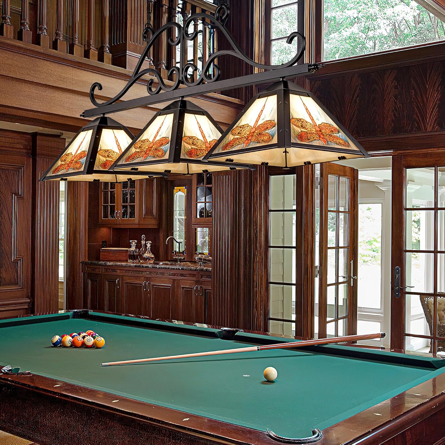 TOCHIC 46" Tiffany Pool Table Light, 3 Lights Farmhouse Chandelier, Vintage Billiards Light Fixture with Dragonfly for Dining Room Game Room Kitchen Island Man Cave Bar