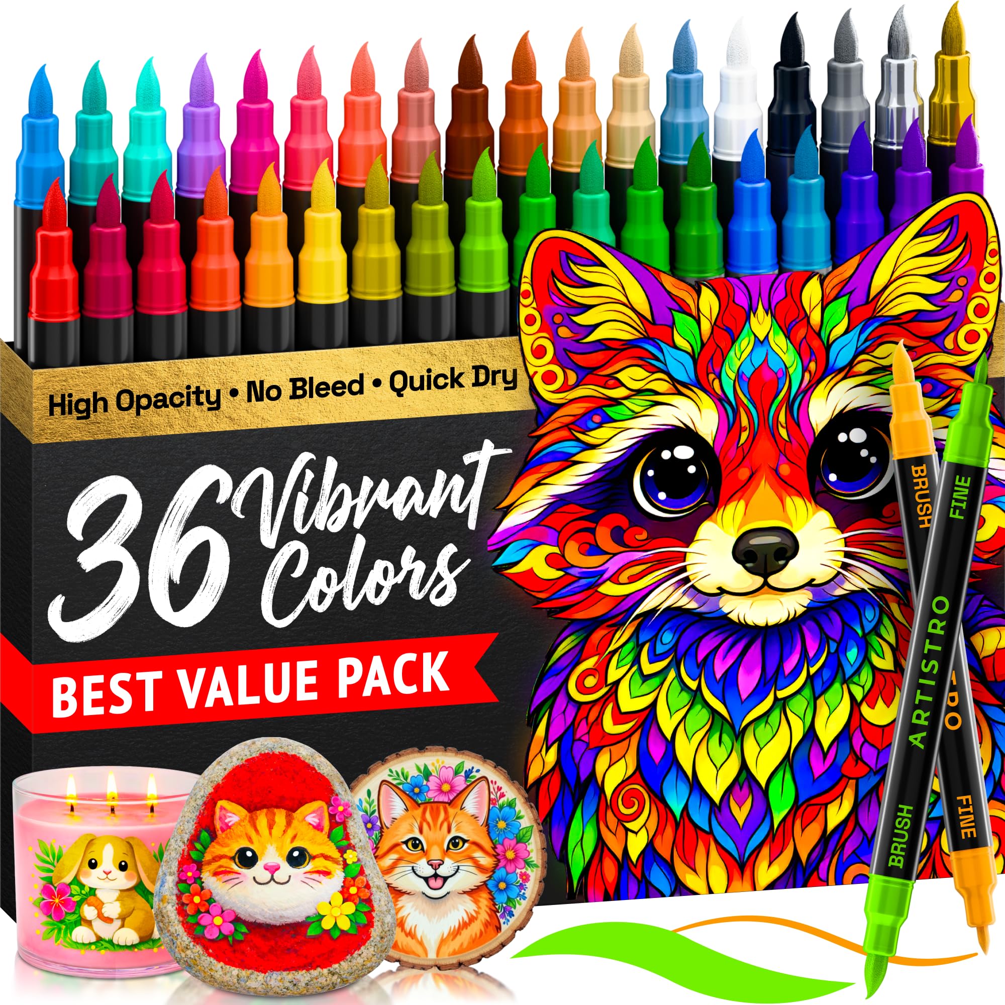 ARTISTRO 36 Acrylic Paint Markers - Paint Pens for Drawing, Brush + Fine Tips - For Fabric, Rock, Glass, Wood, DIY, Craft, Canvas - Art and Craft Supplies for Adults, Teens, Kids