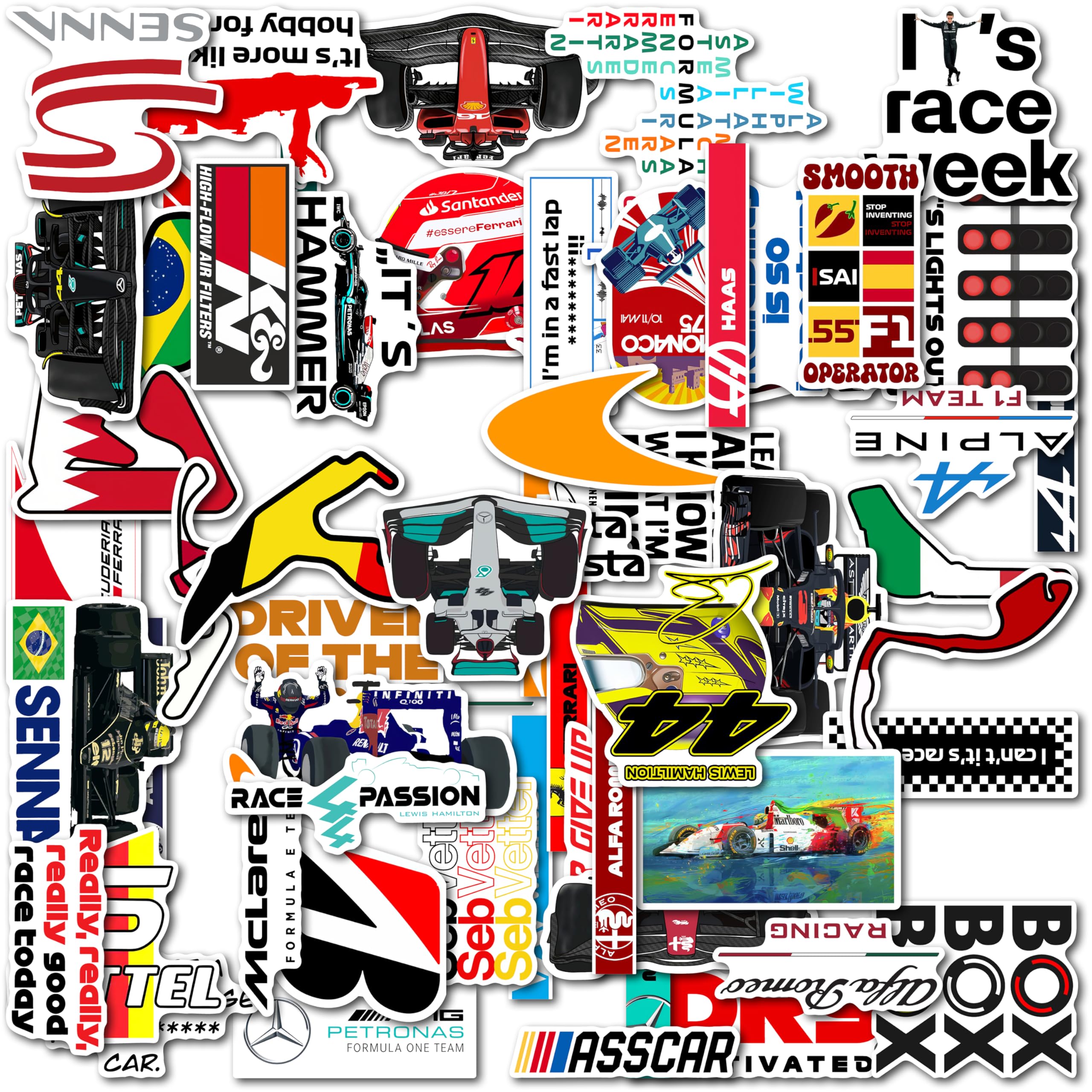 WallDesign Ultimate F1 Racing Sticker Set Collection of 62 - Mobile, Laptop, Accessories, Gifting - Durable, Laminated, Quality Printed Vinyl for True Racing Fans, self-adhesive, 2 inch
