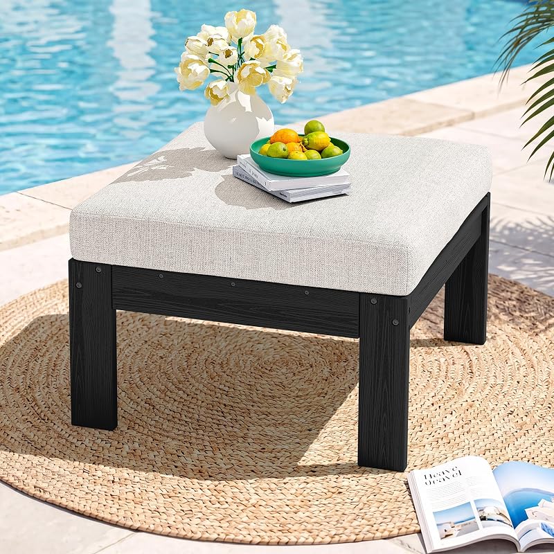 HDPE Outdoor Ottoman with Cushions for Outdoo Sofa | Black Frame & Beige Cushions