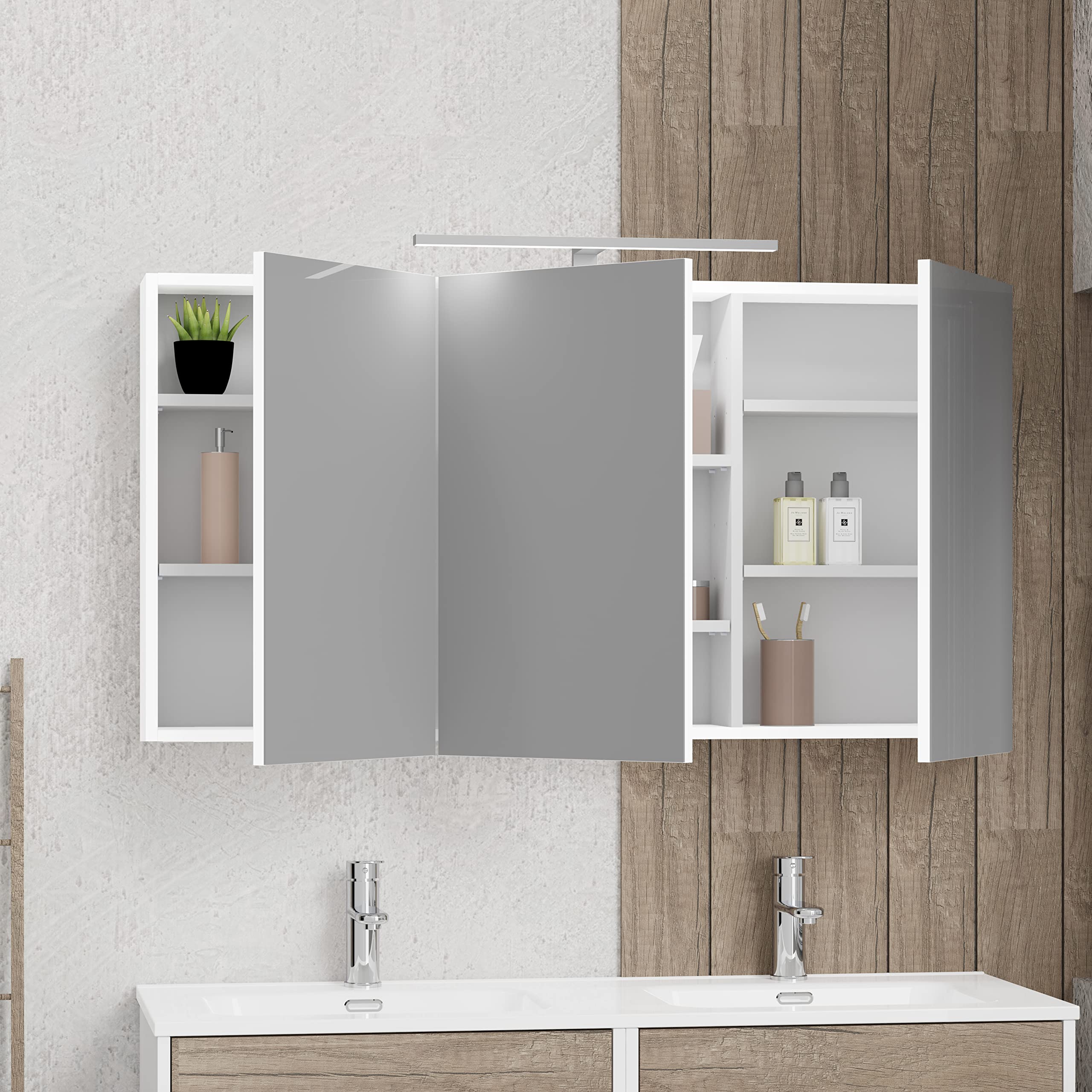 Baikal Mueble Camerino con Espejo, Armario Auxiliar de Baño Multiusos, Opción con o sin Luz LED. Mueble de Pared de fácil colocación. Armario MONTADO. Acabado Blanco. Camerino LED 120 cm