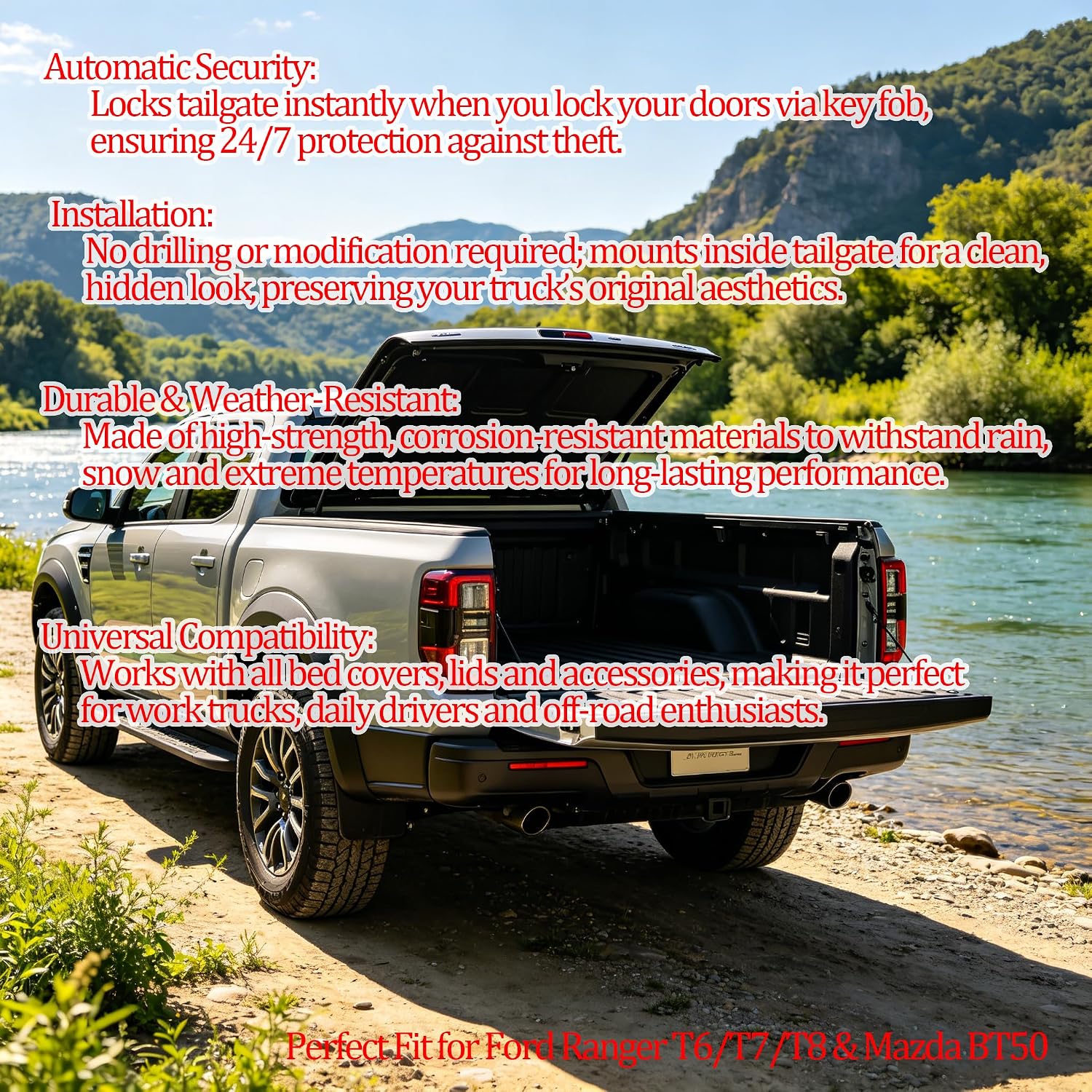 Power Tailgate Security Lock Fit for Ford Ranger T6 T7 T8 2012-2022 & Mazda BT50 2012-2020, Remote Control Automatic Anti-Theft Tailgate Lock, No Drilling Hidden Installation