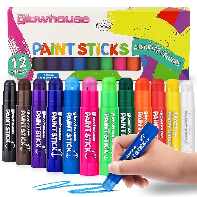 The Glowhouse Tempera Paint Sticks, klasyczne kolory, nietoksyczne, zmywalne, bez bałaganu, wielokolorowe patyczki do malowania dla dzieci, 12 sztuk, idealne do kreatywnych projektów artystycznych