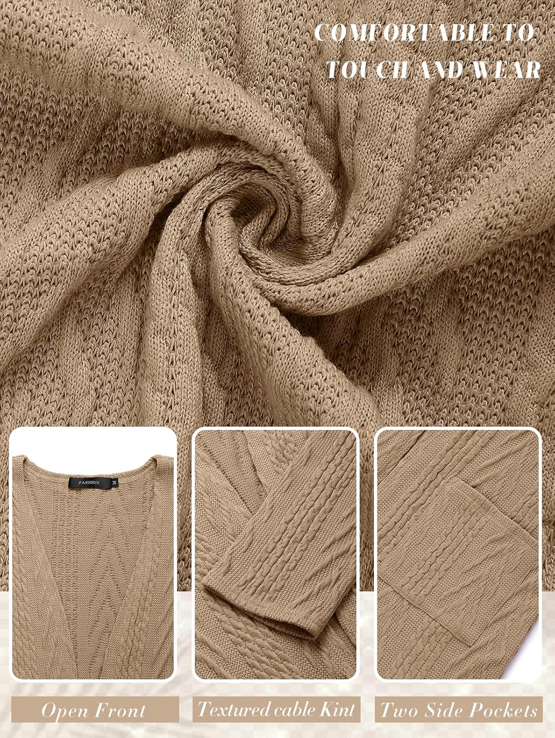 MEROKEETY Women's Casual Long Sleeve Open Front Cable Knit Cardigans Lightweight Solid Color with Pockets