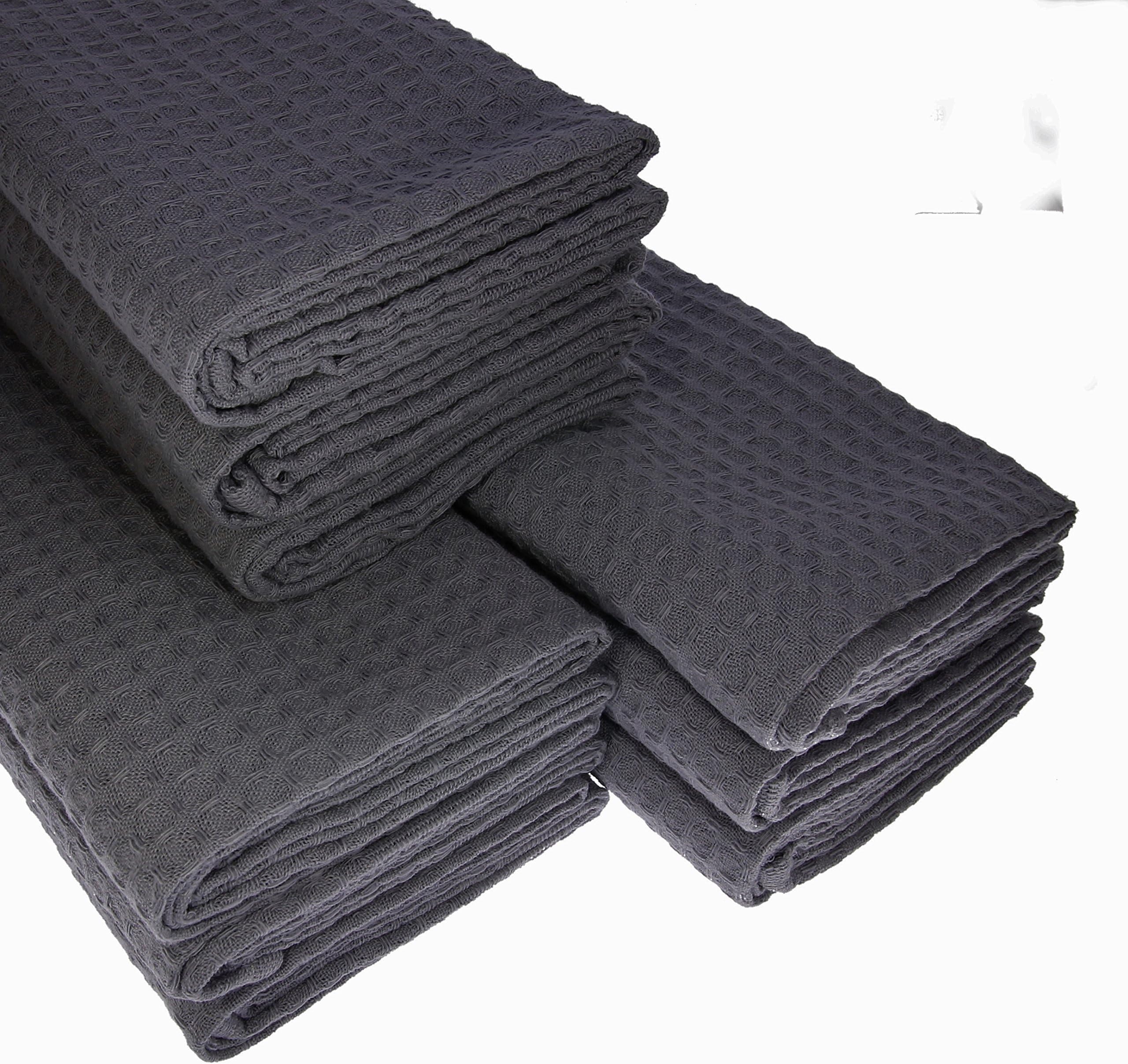 9 x Tea Towel made of 100 % Cotton, Waffle Pique in anthracite dark grey.