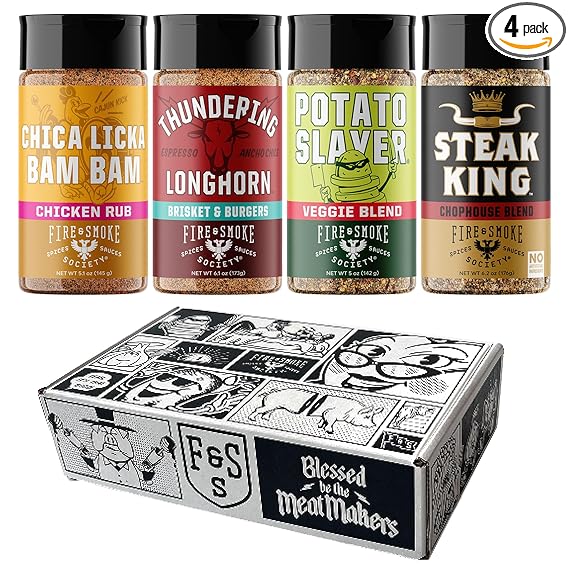 Fire & Smoke Society Meat & Potatoes Seasoning Variety Pack | BBQ Rubs, Gifts for Men, Christmas Gifts for Dad | Steak Rub, Chicken, Burger Seasoning, Brisket Rub| Large Spices Set (4-Pack)
