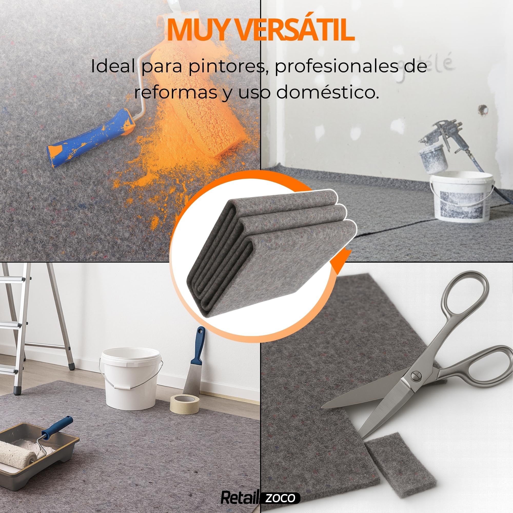 Fieltro Protector de Suelos Pintor, Rollo Fieltro para Suelo y Muebles, Producto reciclable, Uso en Reformas, Pintura y Mudanzas, Capa Polietileno Antideslizante 180 g/m2, 1 Rollo de 90 cm x 20 Metros