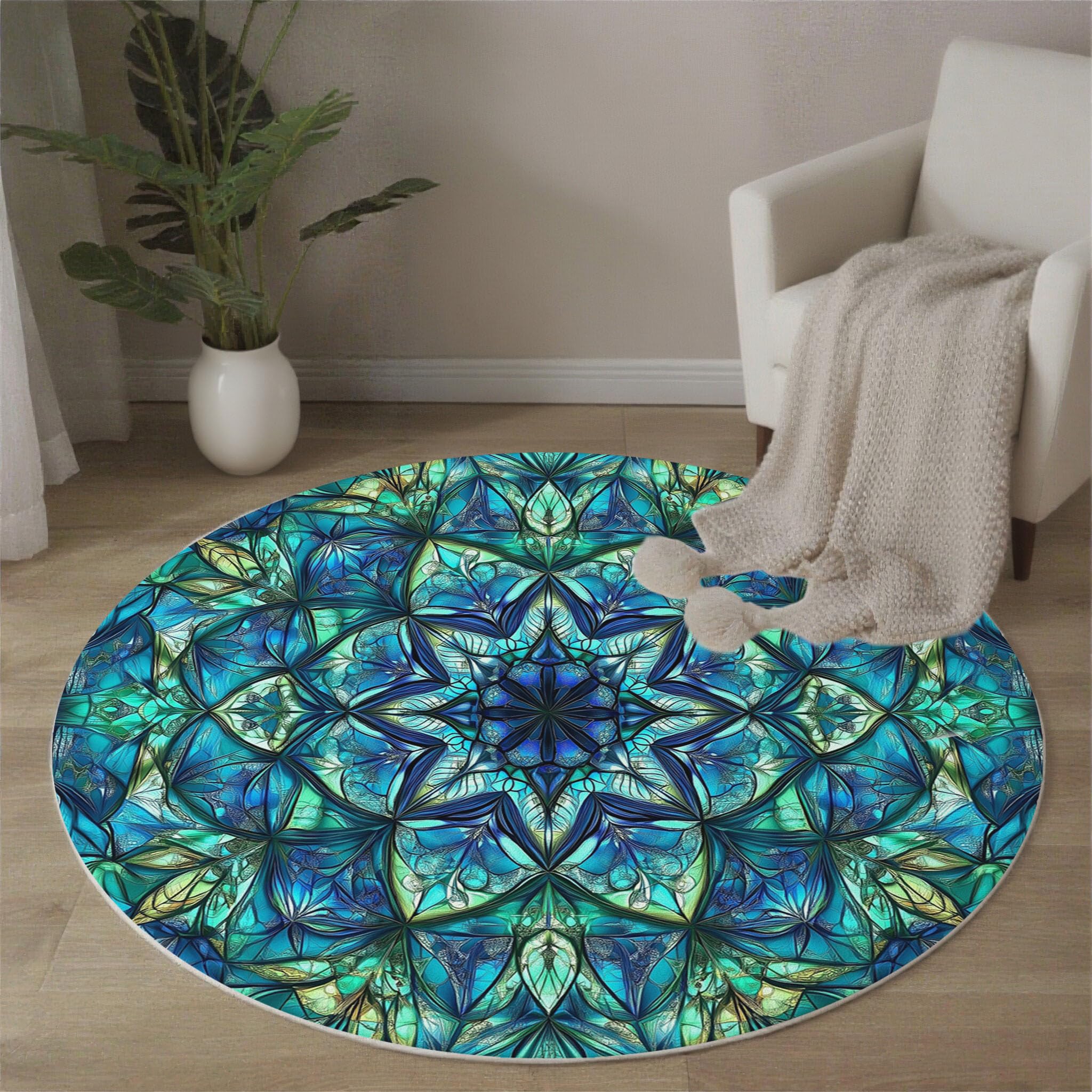 Tapis Rond Mandala Kaléidoscope 180 cm, Tapis à Poils Courts Vitraux Lavable en Machine Antidérapant Décoratif Rond pour Salon Chambre Salle à Manger, Vert