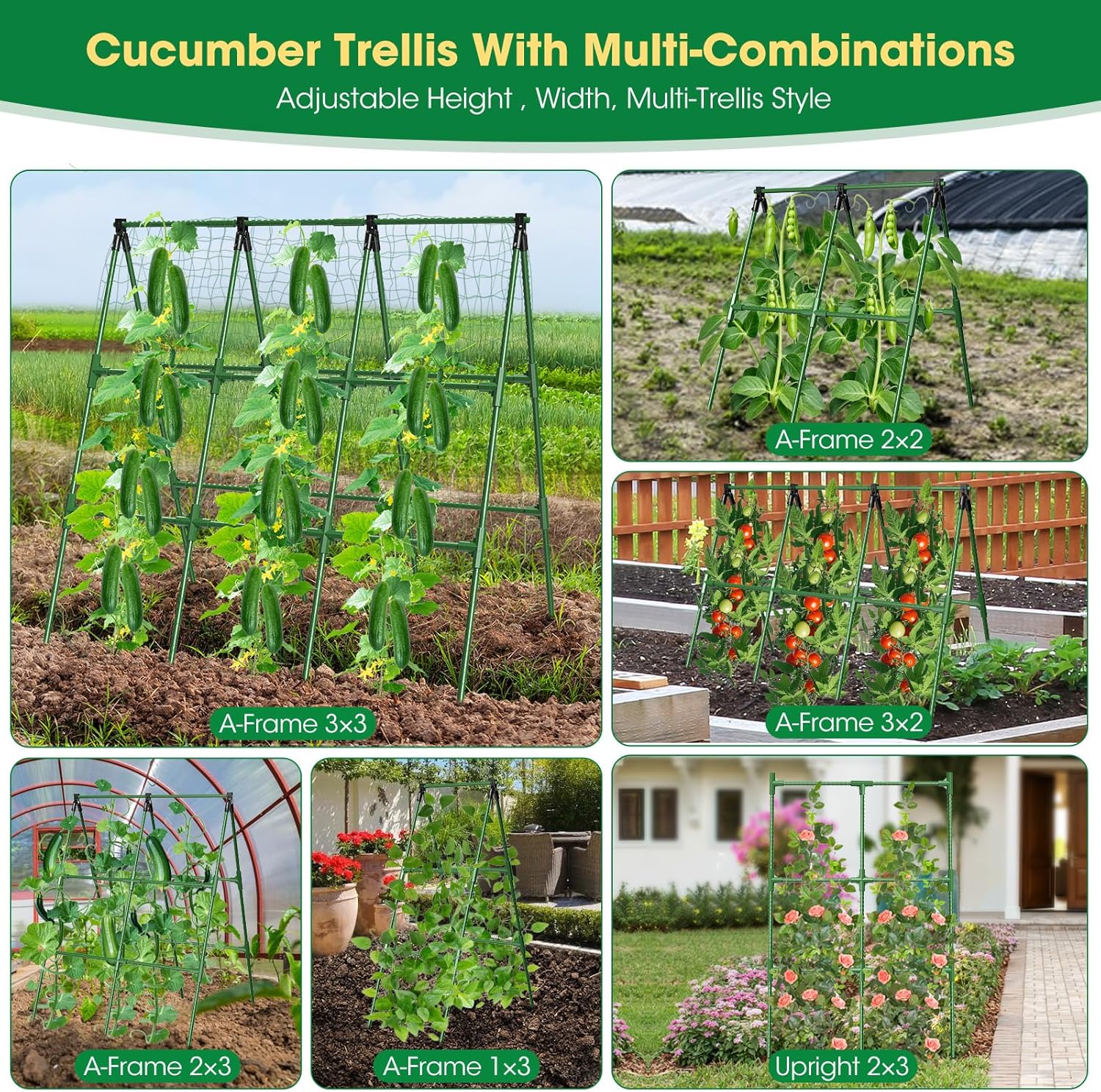 51" x 53" Cucumber Trellis for Raised Bed, A-Frame Garden Trellis for Climbing Plants Outdoor, Rust-Proof Metal Support for Tomato, Peas, Beans, Zucchini & Vines, with Netting & Clips