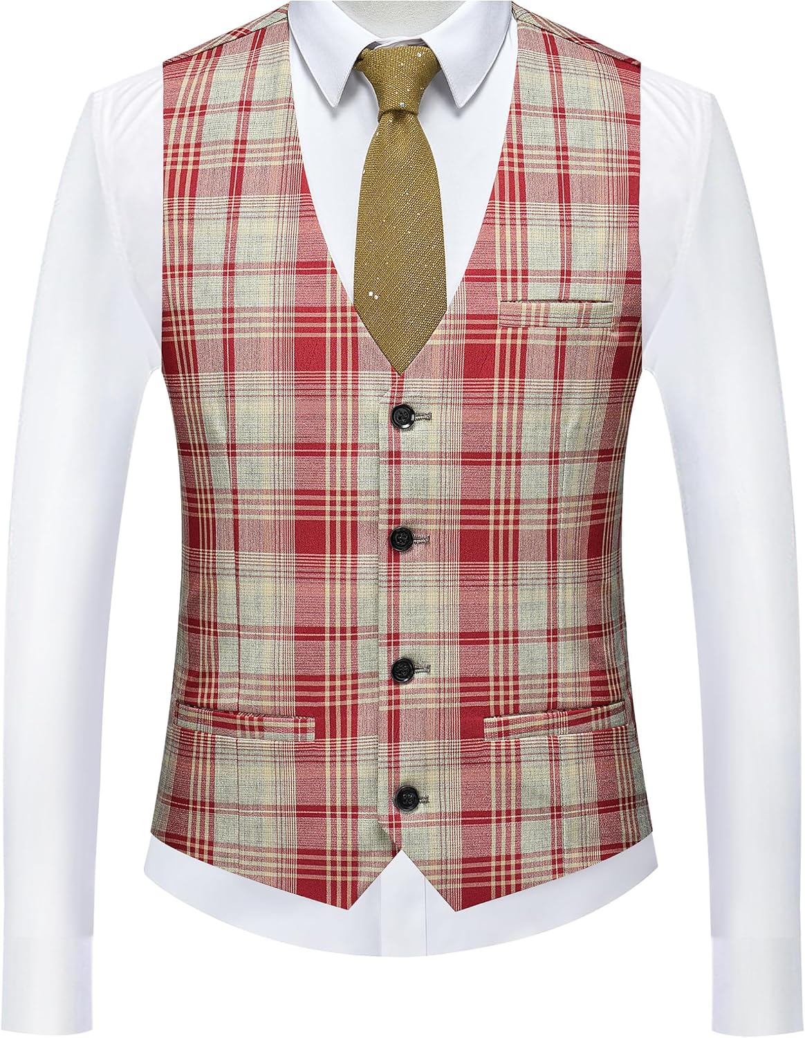 Men's Slim Fit Plaid Suit Vest - Lightweight Checkered V-Neck Waistcoat for Wedding, Business, Prom & Casual Occasions