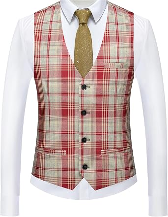 Mens Slim Fit Plaid Suit Vest - Lightweight Checkered V-Neck Waistcoat for Wedding, Business, Prom & Casual Occasions