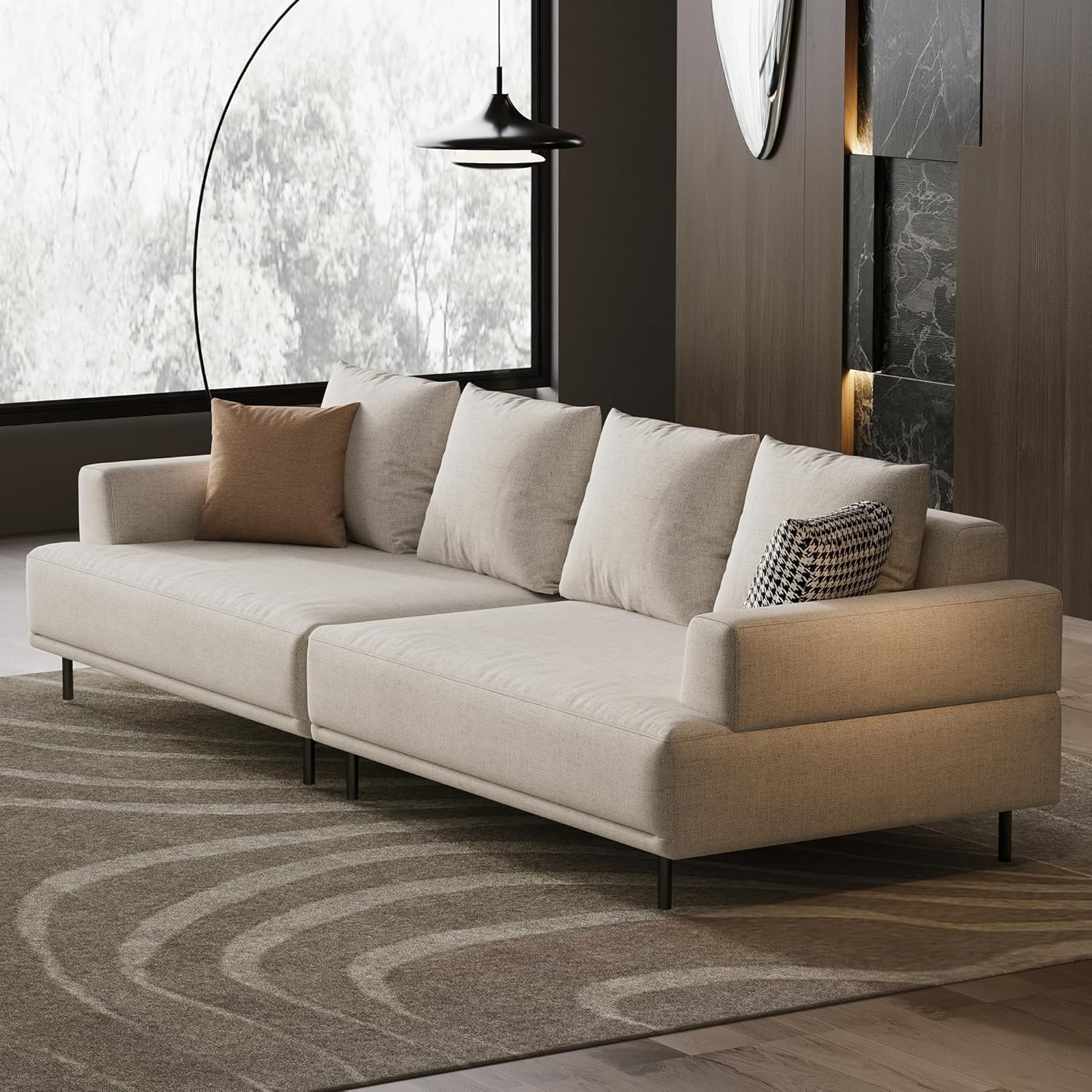 Cream Fabric Sectional Sofa – Contemporary Upholstered Couch with Metal Legs for Living Room (109.44inch-4Seats)
