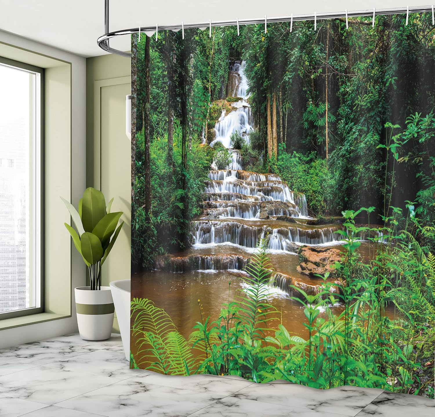 Ambesonne Waterfall Shower Curtain, Long Way Creek in The Tropic Natural Rainforest Exotic Botanical Trees and Bushes Scenery, Cloth Fabric Bathroom Decor Set with Hooks, 69" W x 84" L, Green Brown