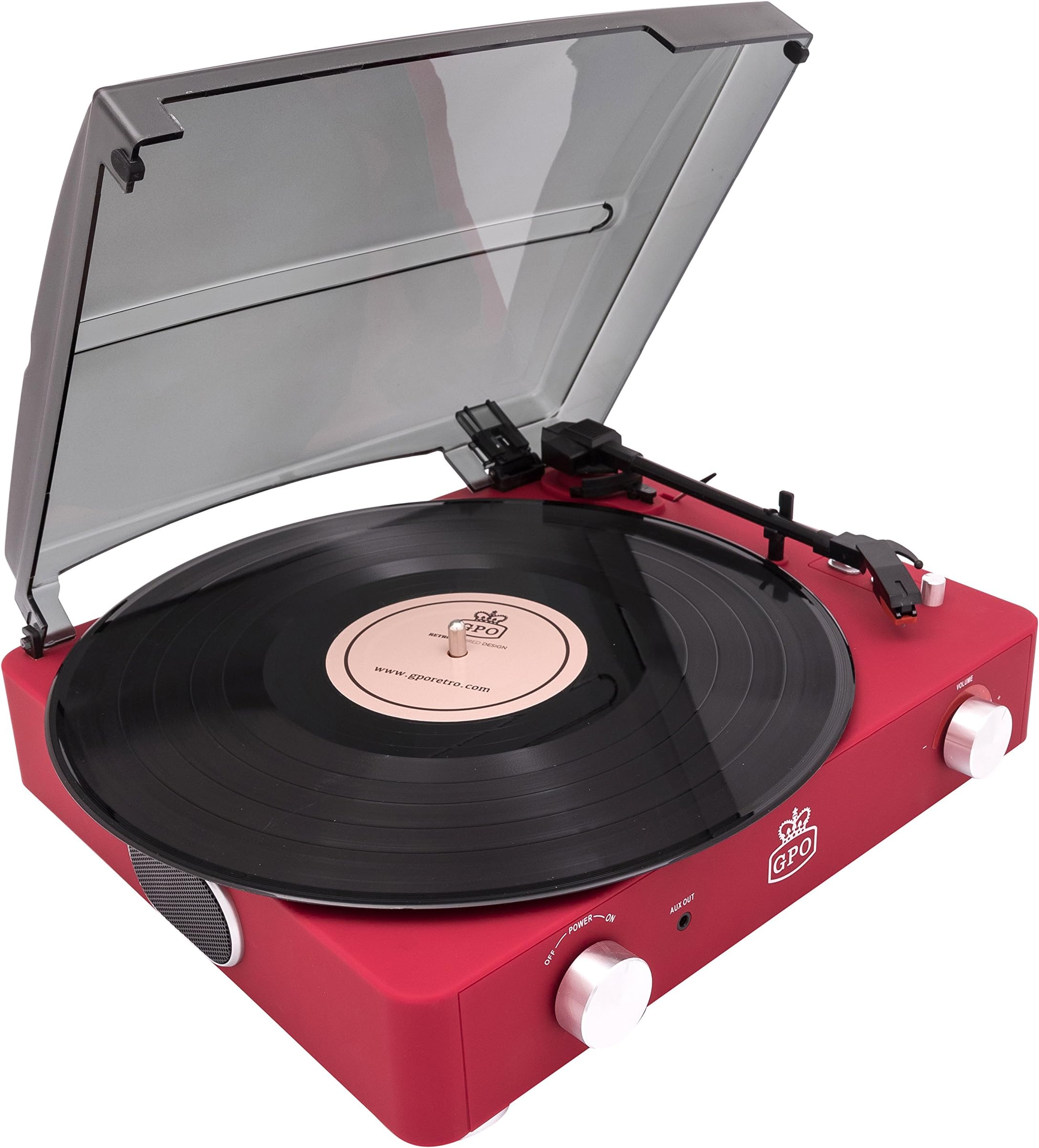 GPO Stylo II Retro 3-Speed Portable Record Player, Stand-Alone Turntable Player with Built-in Stereo Speakers, Rubberised Finish, Red