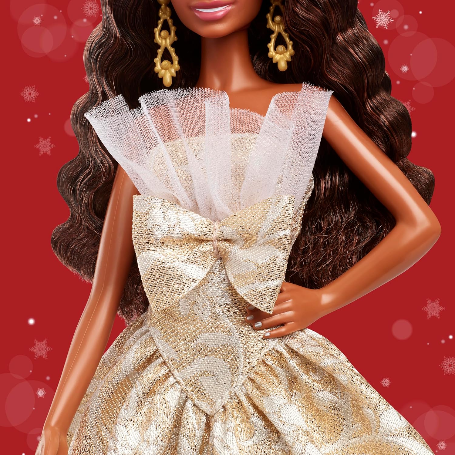 Barbie Signature Doll, 2025 Holiday Black Hair Fashion Doll Wearing Silver & Gold Gown, Seasonal Collector Doll in Displayable Packaging & Doll Stand