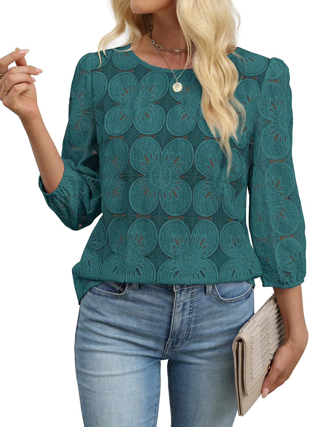 Sampeel Women Blouses Dressy Casual 3/4 Length Sleeve Tops Eyelet Lace Spring Summer Shirts Beach Vacation Clothes thumbnail