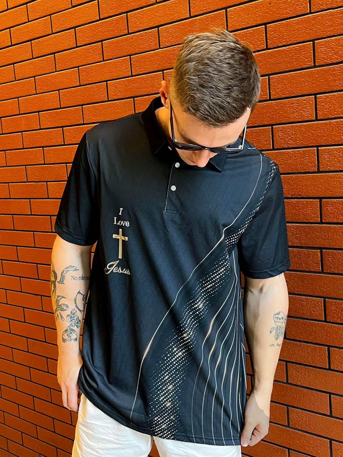 Christian Athletic Golf Polo, Black Performance Shirt with Gold Cross Design, Short Sleeve - Image 6