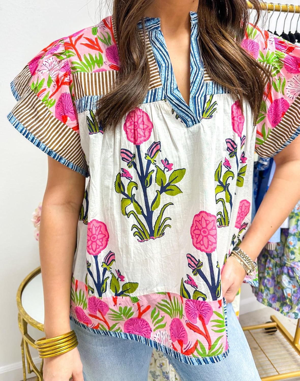 Women Floral Ruffle Short Sleeve Tops Flare Shoulder Boho Babydoll T Shirts Casual Flutter Sleeves Summer Blouse - Image 2