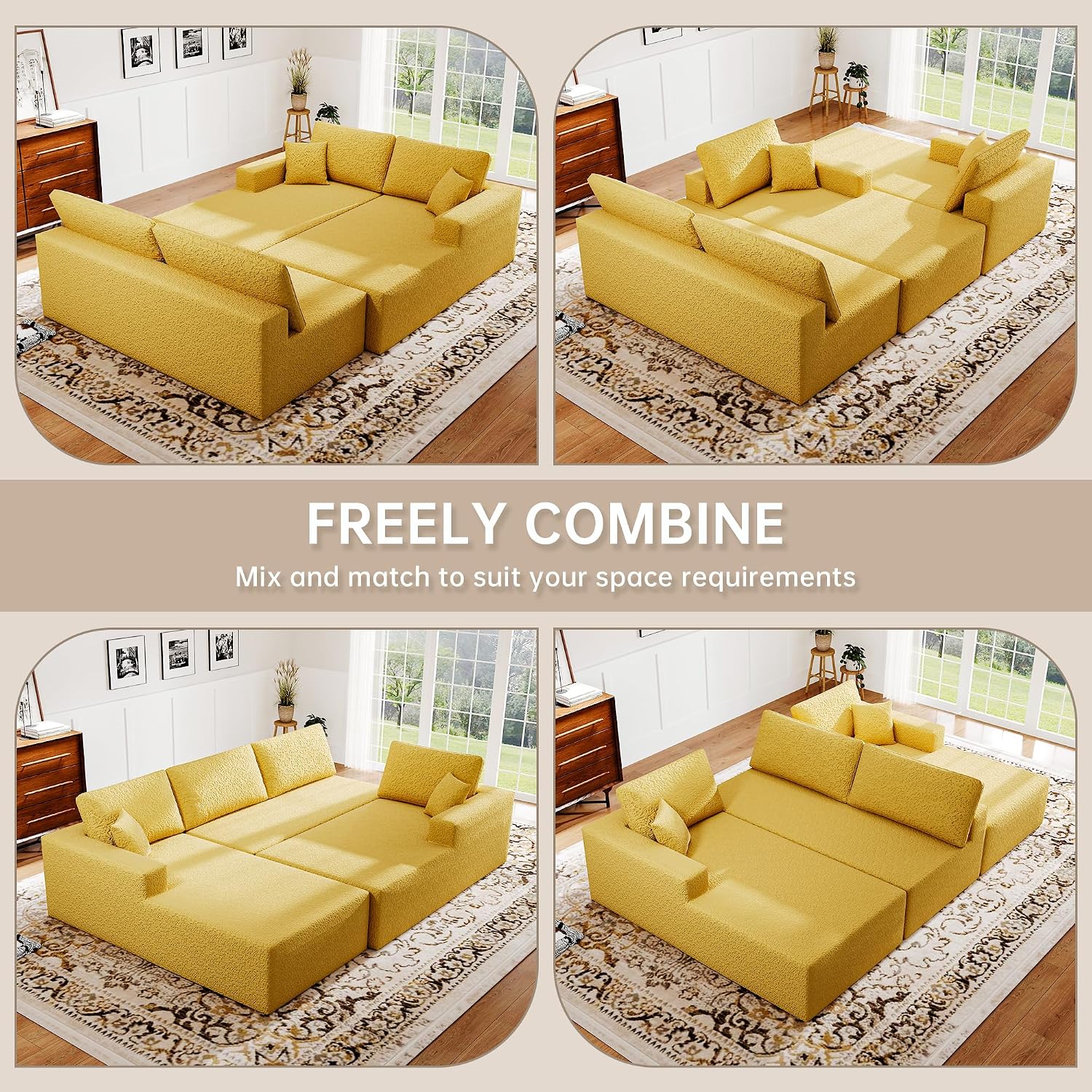 140" U-Shaped Modular Sectional Sofa for Living Room,3 Seater Cloud Sectional Couch with Chaise Lounge,Deep Seat with Pillows,No Assembly Required (Yellow)