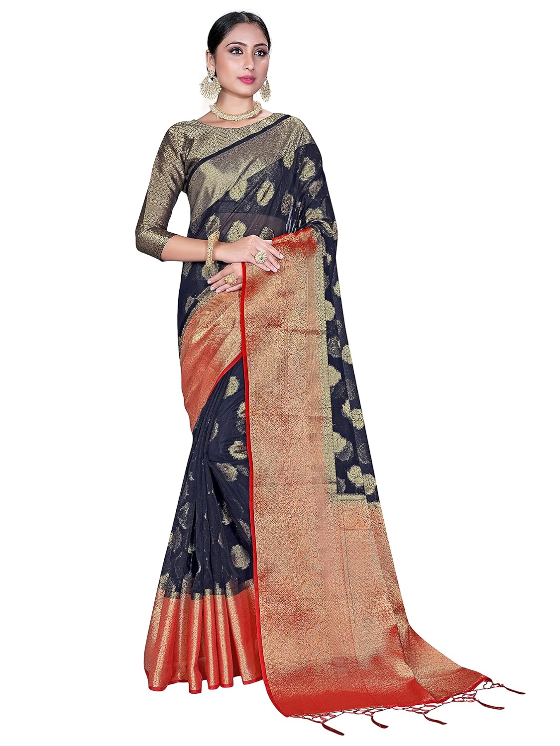 Elina fashion Womens Ready to Wear Navy Blue Organza Silk One Minute Pre Pleated Indian Saree With Unstiched