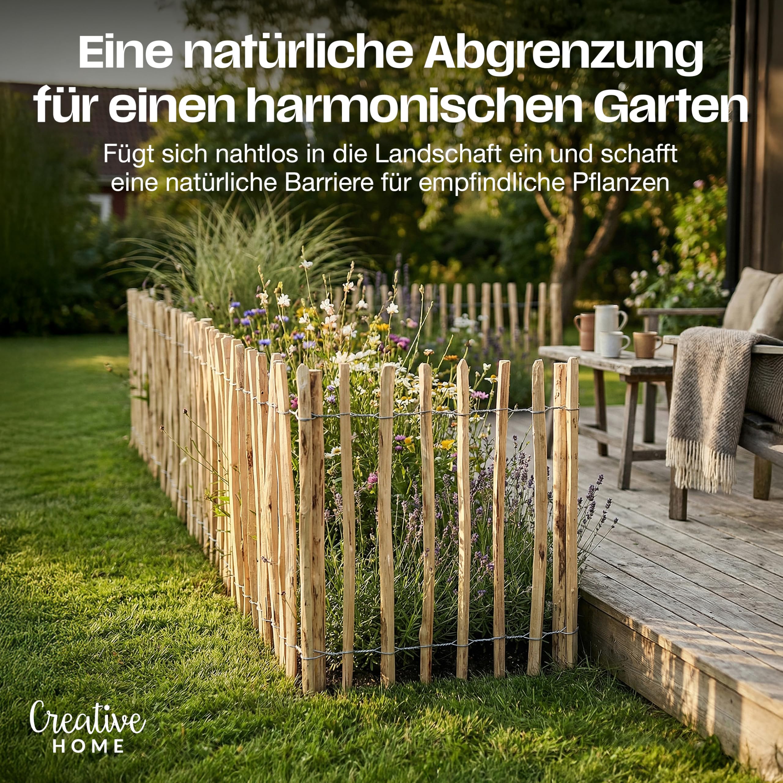 Creative Home Staketenzaun 35cm hoch und 2m lang | Lattenabstand 3-4 cm | Haselnusszaun | Rollzaun | Gartenzaun Holz Holzzaun | Zaun Garten Ideal als Rasenkante Blumenbeet Umrandung aus Haselnuss