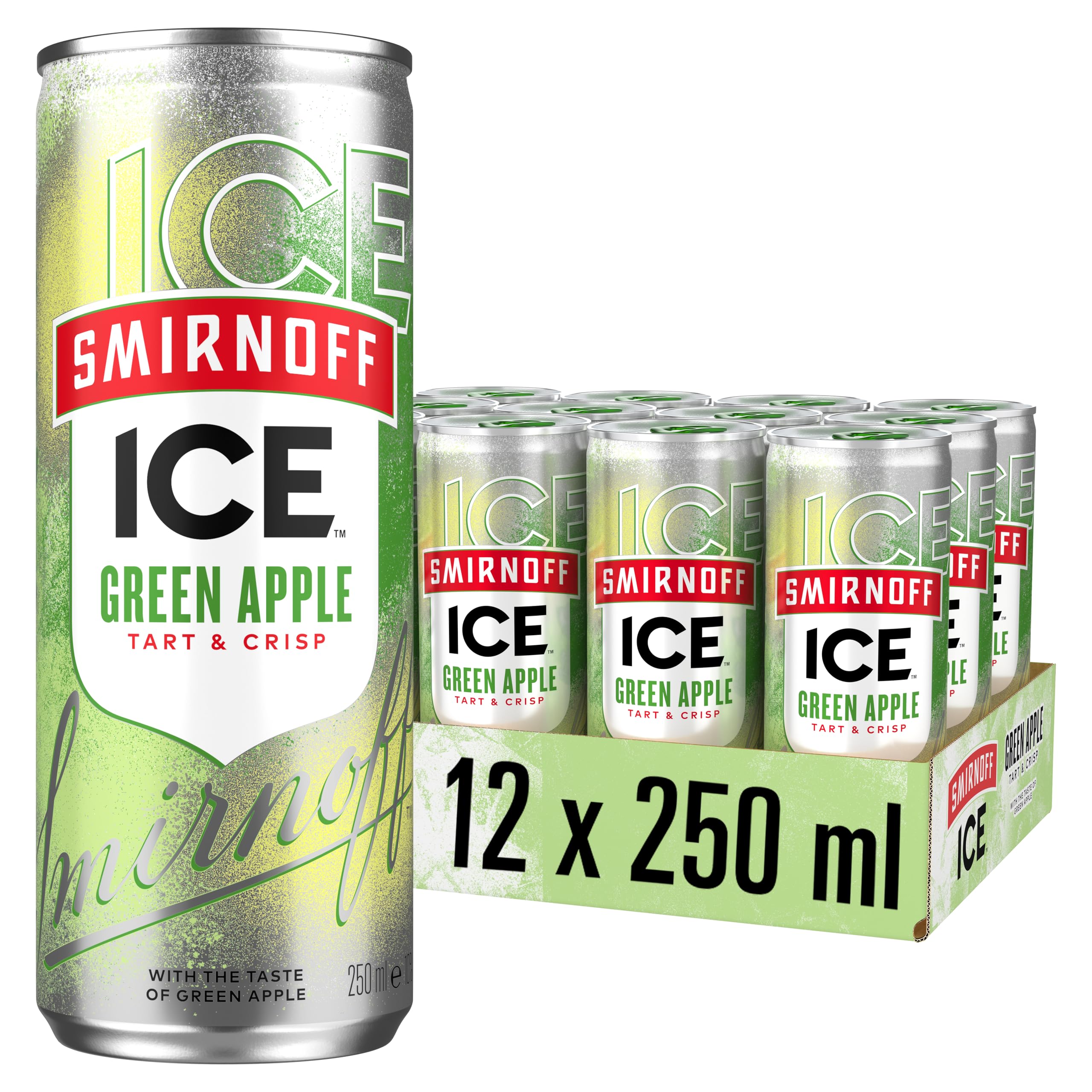 Smirnoff Ice Green Apple (12 x 250ml Dosen) | Premium Vodka Mixgetränk | Ready to Drink mit Apfel-Geschmack | 10% Vol. Alkohol | Ideal für Party & Festival