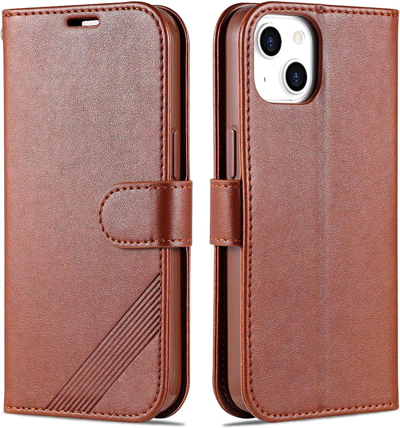 Flip Case for iPhone 14/14 Plus/14 Pro/14 Pro Max, Magnetic Premium Leather Wallet Case with Card Holder Kickstand Shockproof TPU Shell Folio Book Cover (Color : Brown, Size : 14)