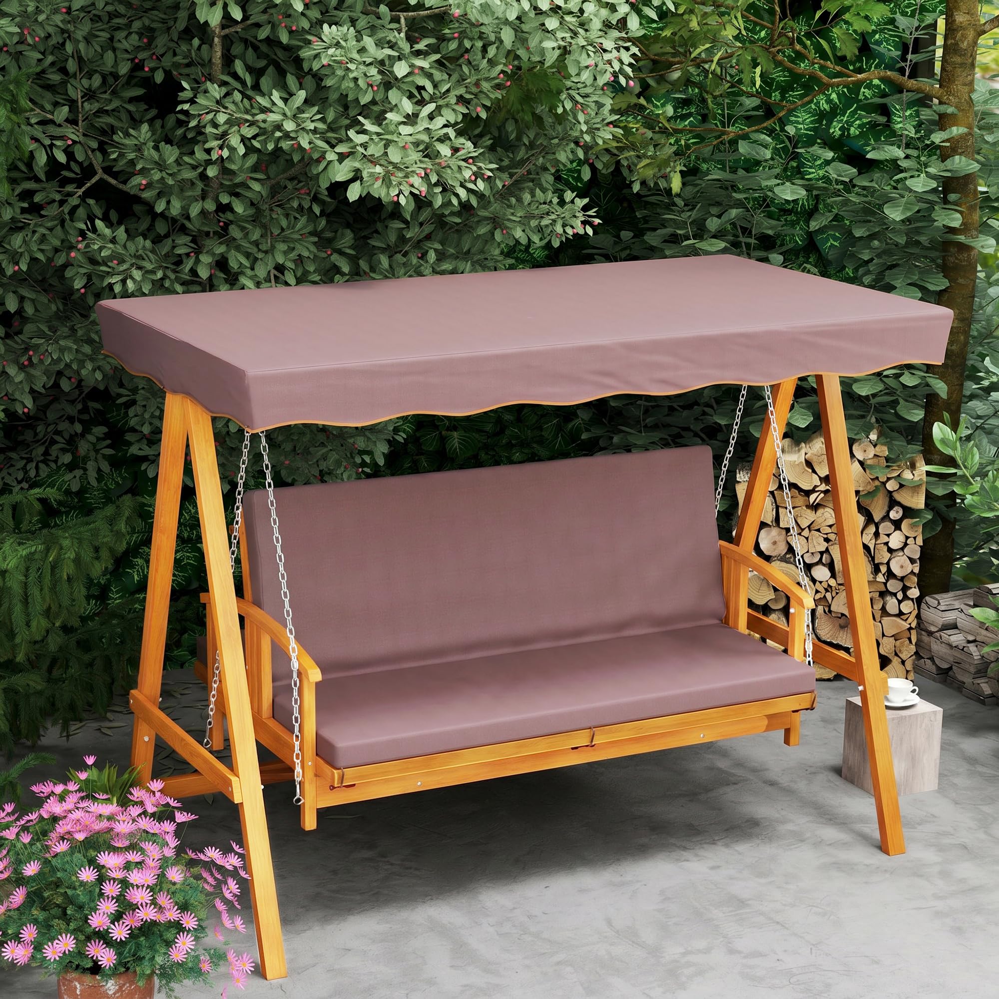 Outsunny Altalena da giardino 2 in 1 con funzione allungata, 3 posti, in legno, con tetto parasole, seduta, panca a dondolo fino a 330 kg, per giardino, terrazza, 236 x 130 x 181 cm, marrone
