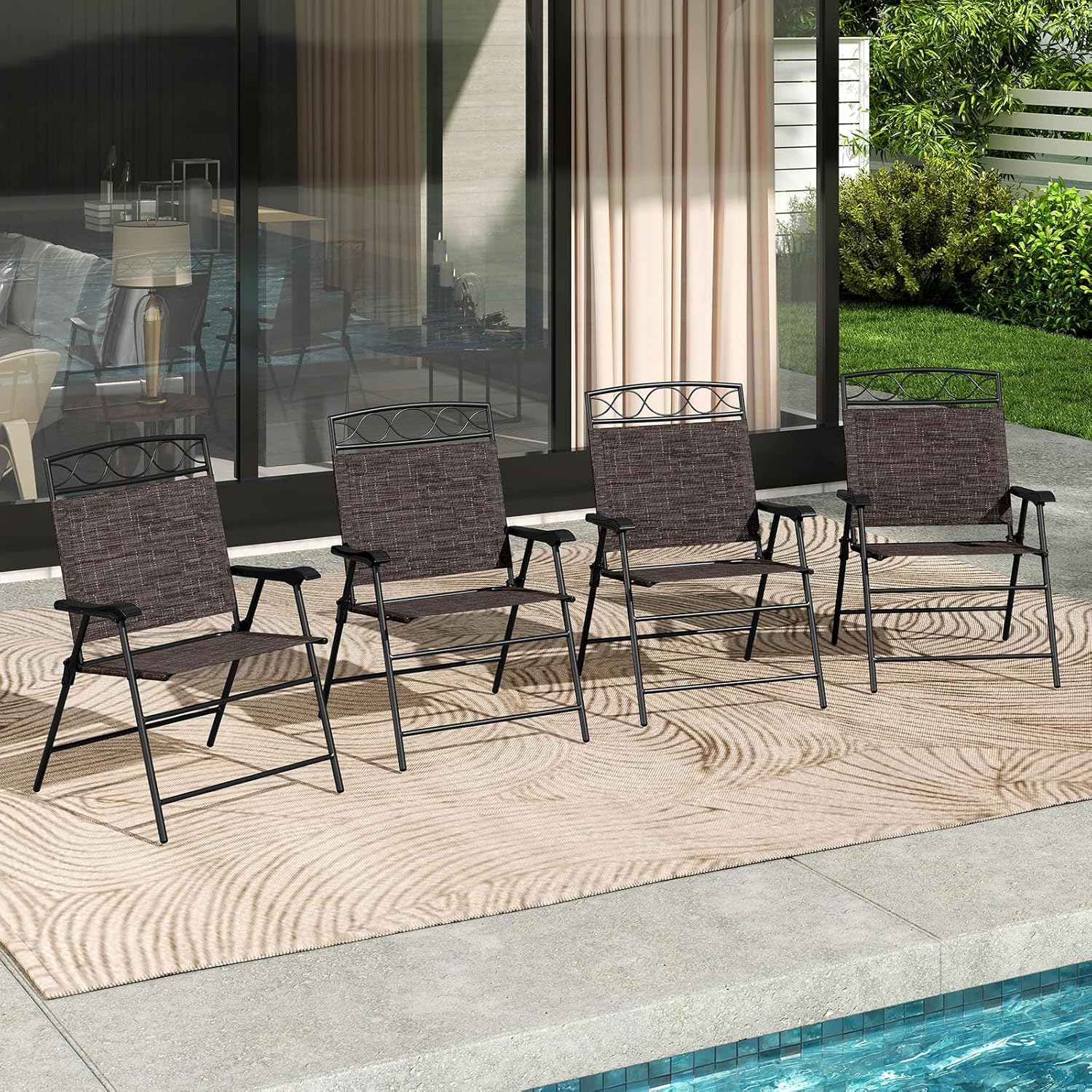 Giantex Set of 4 Patio Folding Chairs, Outdoor Dining Chairs for Camping, Beach, Backyard, Deck, Portable Dining Chair w/Armrest and Metal Frame, 4-Pack (Dark Brown)