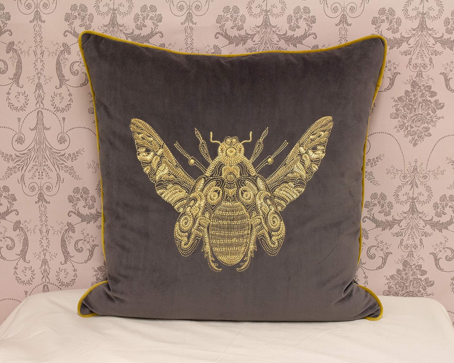 Riva Paoletti Cerana Cushion Cover - Charcoal Grey - Super Soft Velvet Fabric - Embroidered Gold Bee Design - Gold Piped Edges - 100% Polyester - 50 x 50cm (20" x 20" inches)